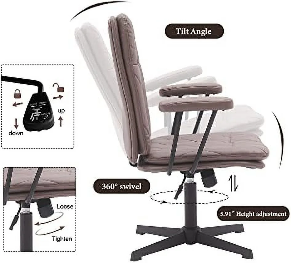 SQYTHGB Ergonomic Desk Chair no Wheels Criss Cross Chair Adjustable Home Office Chair with Armrest Executive Swivel Mid Back Chair Brown