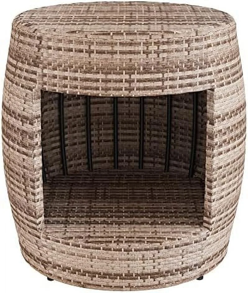 JYHOME 2 -Tier Small Drum  Patio Rattan Little End Table 20 Inch Barrel Wicker Accent Bistro Desks Steel Frame Lightweight Grey