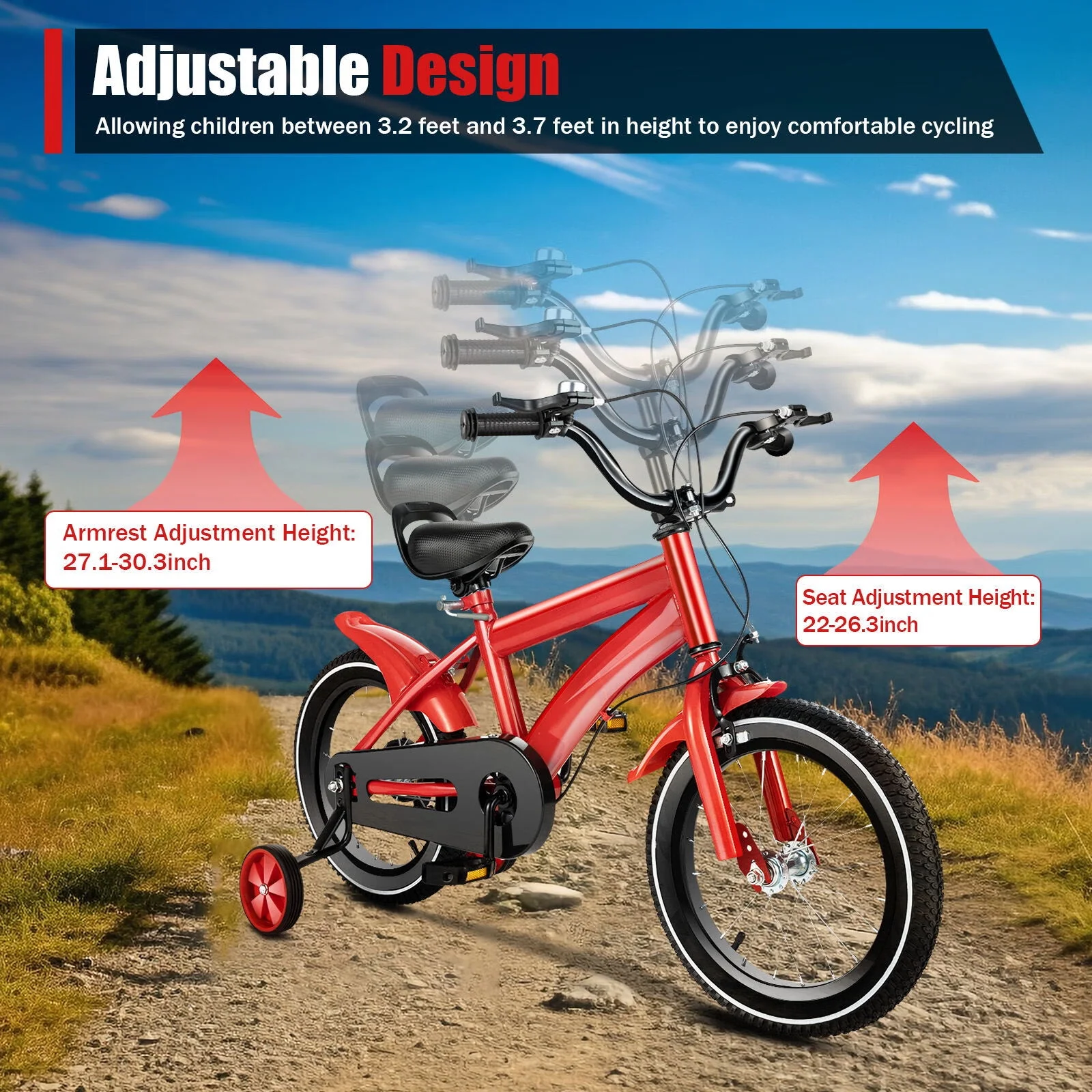 YIYIBYUS 14 Inch Kids Bike Boy Girl Safe Bicycle with Training Wheels and Adjustable Seat, Red