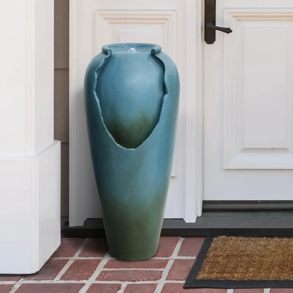 30.7” High Concrete Jar Water Fountain Outdoor Garden Cascading Water Fountain Vase Waterfall Feature w/Electric Pump and LED Light for Indoor Outdoor Home Decor