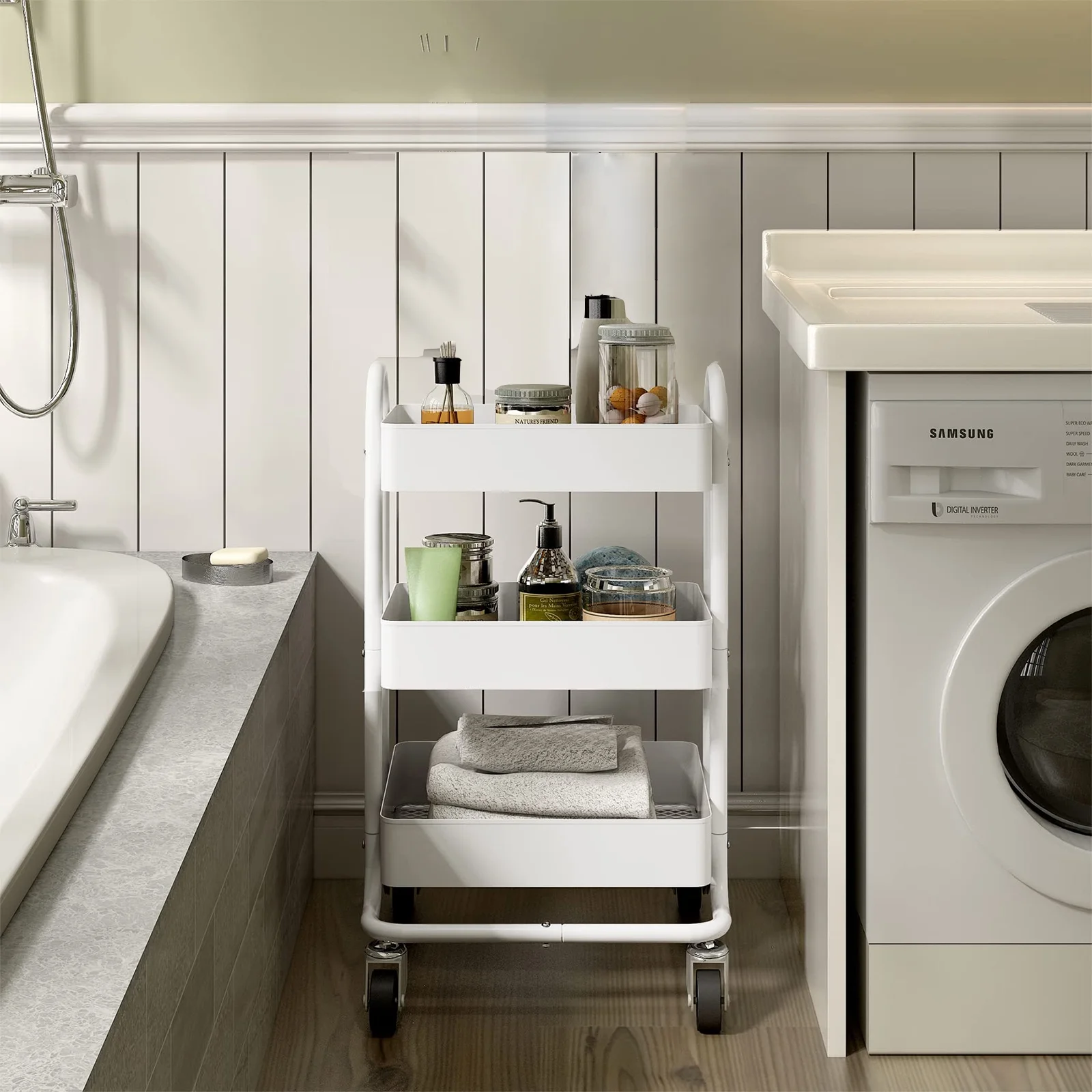 HONGGE 3 Tier Rolling Cart Metal Utility Carts with Wheels, White