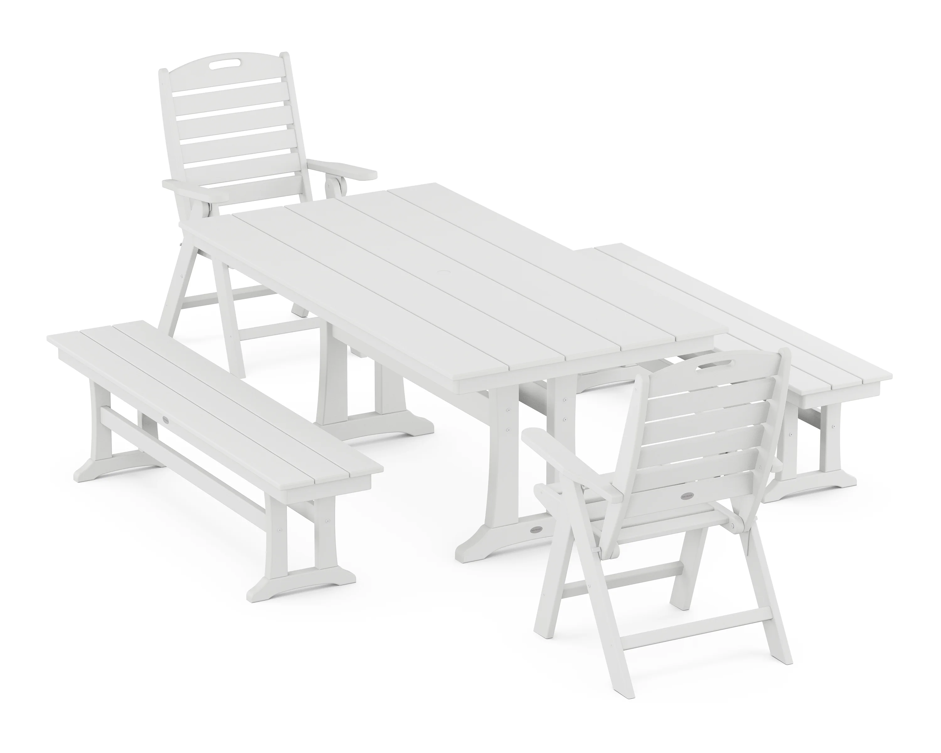 POLYWOOD Nautical Folding Highback Chair 5-Piece Farmhouse Dining Set With Trestle Legs and Benches in White