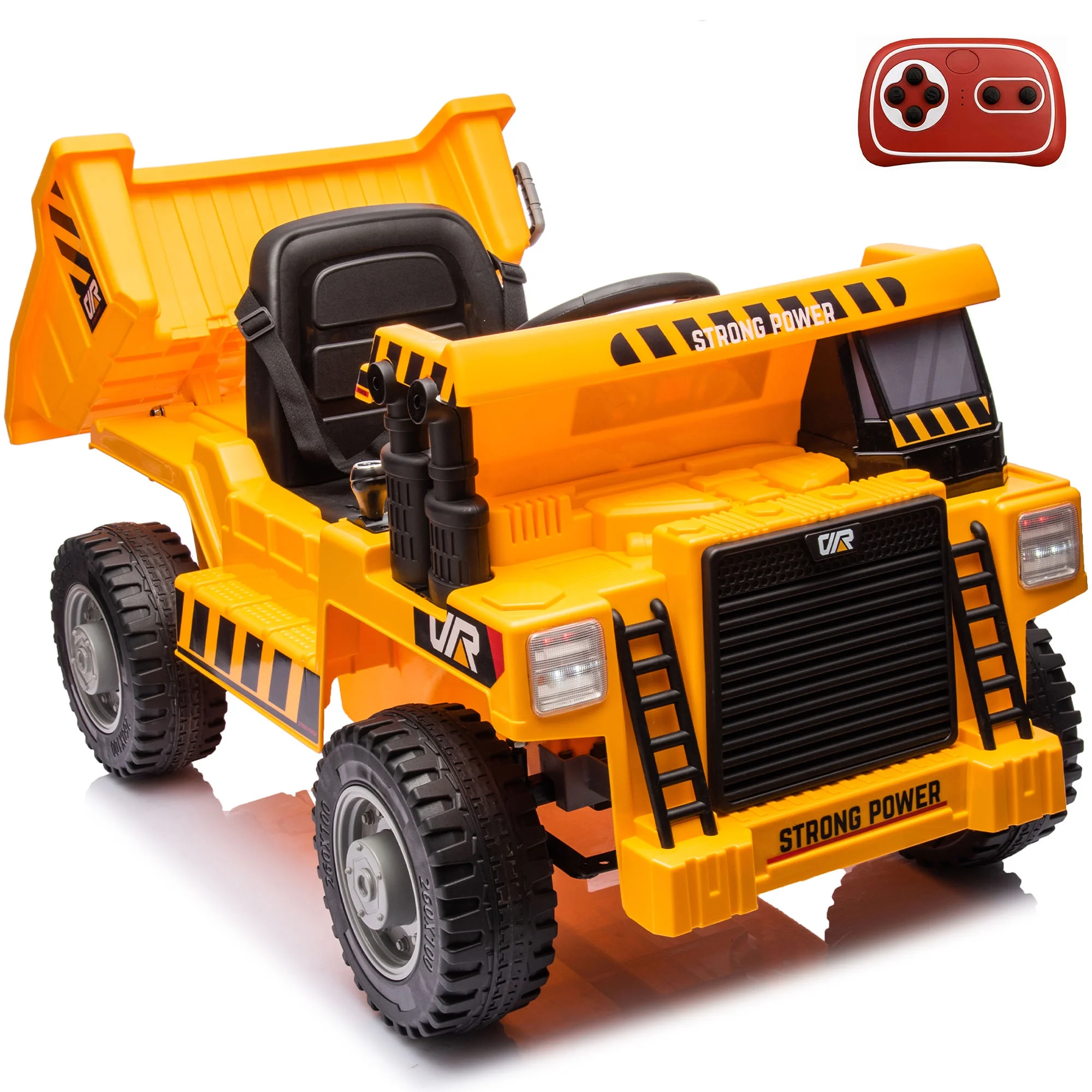 Remote Control Dump Truck, Electric Car for Kids with Electric Dump Bed and Extra Shovel, Music, Seat Belt, Forward/Reverse Function, Front Lights, 12V Ride on Car for Boys Girls - Yellow