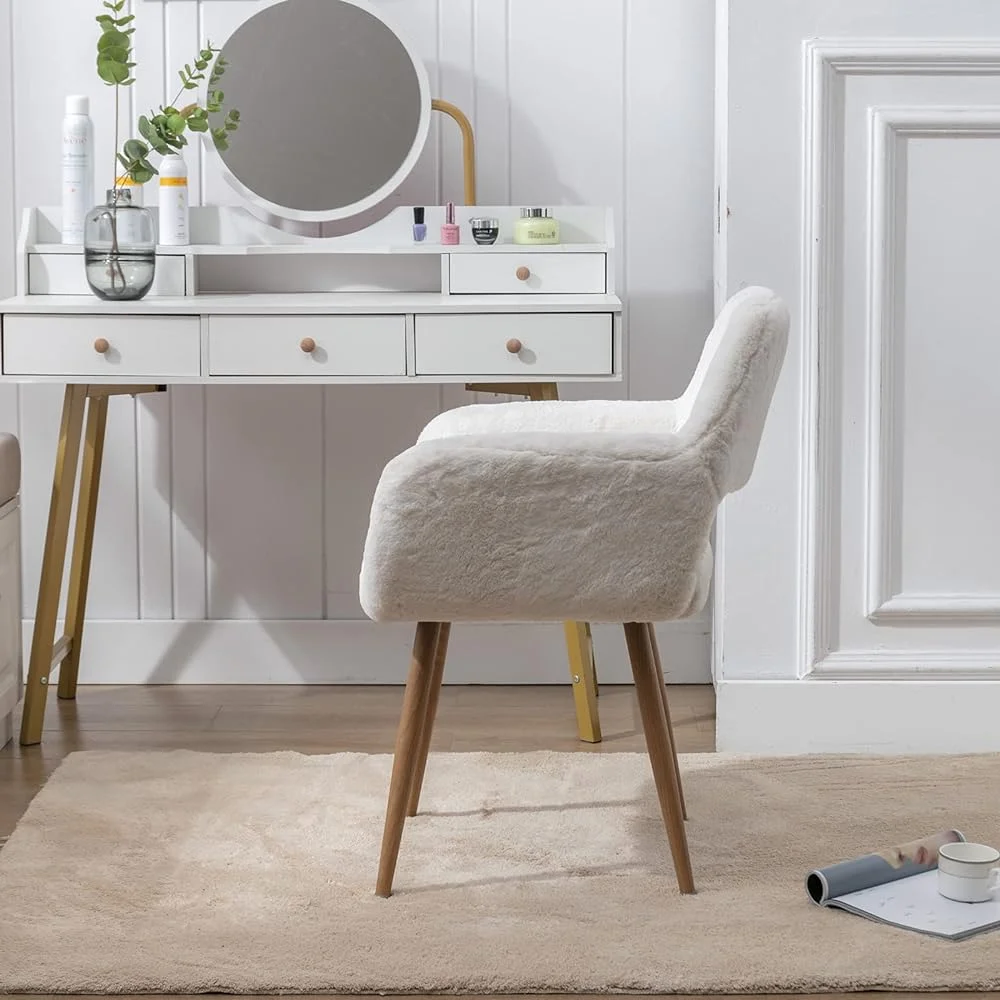 ZFGSUIJN Faux Fur Desk Chair  Mid-Century  Faux Fur Chair  Comfy Armchair with Solid Painting Steel Leg  Dining Room  Home Vanity  Office Desk Chair