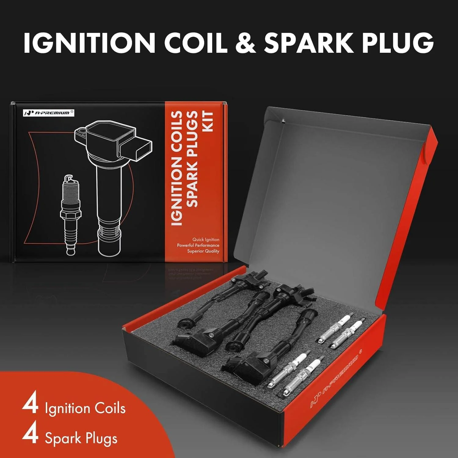 A-Premium Set of 4 Ignition Coil Pack and Iridium Spark Plugs Compatible with Ford Escape 2017-2019, Fusion 2014-2020, 1.5L Replace# NGK91924, C1848