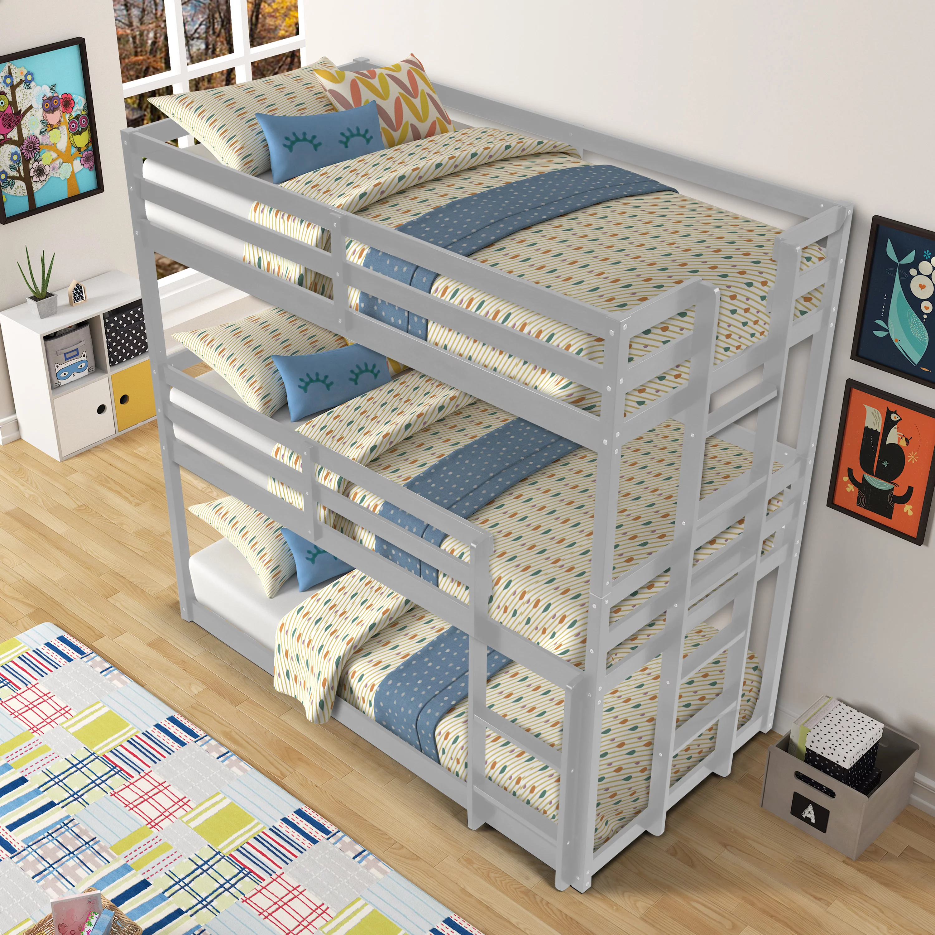 Wood Triple Twin Bunk Bed, Twin over Twin Triple Bunk Bed, Detachable Kids Bunk Bed, No Box Spring Needed (Gray)