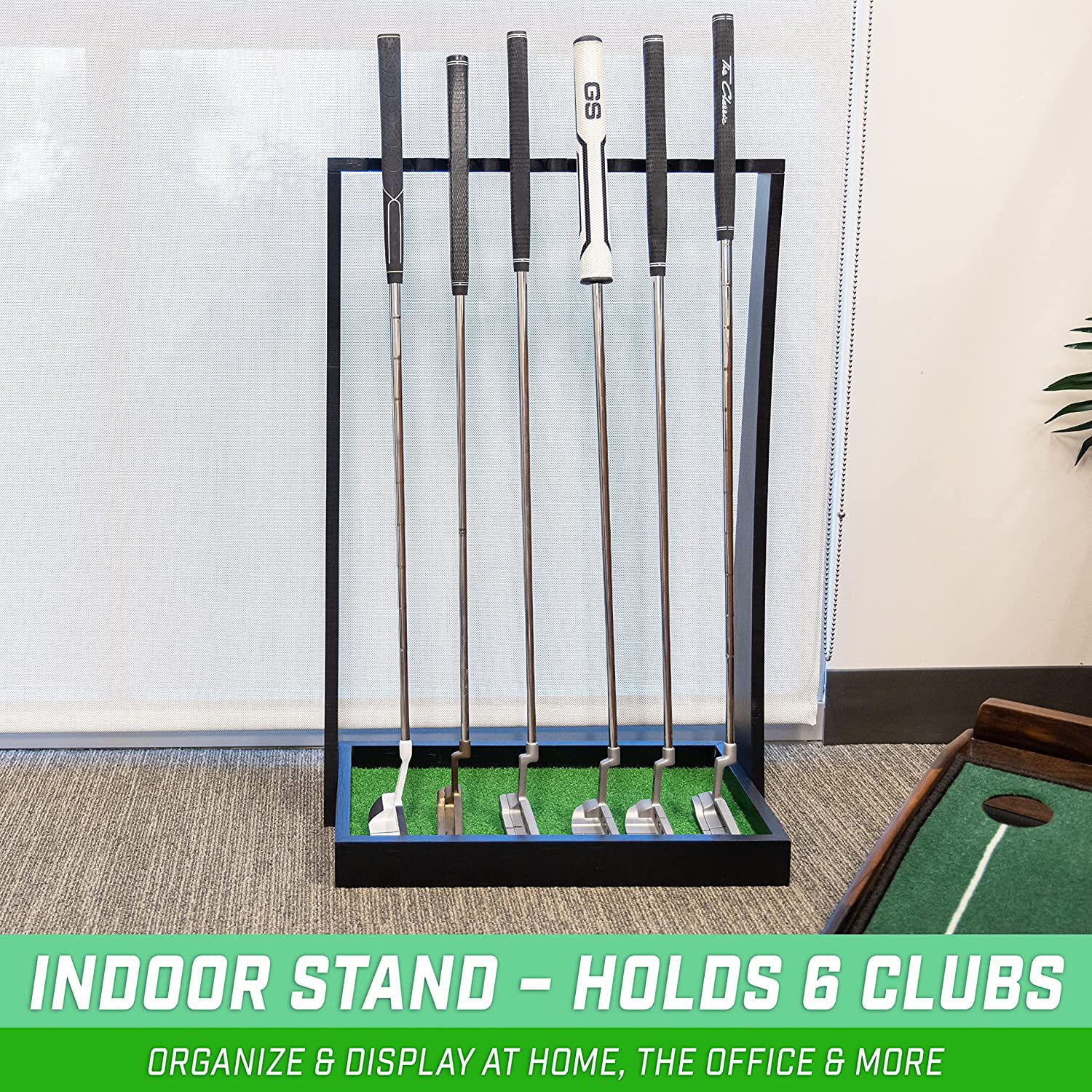 GoSports Premium Wooden Golf Putter Stand - Indoor Display Rack - Holds 6 Clubs - Black
