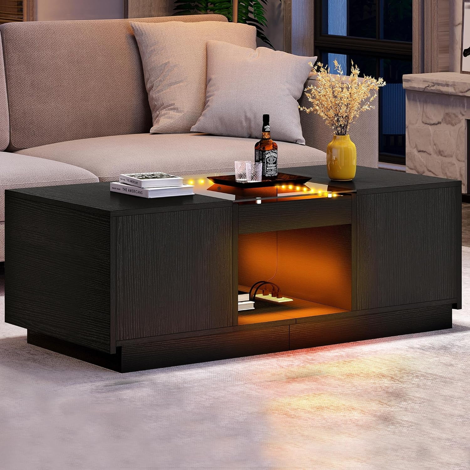 U-ToBe LED Coffee Table for Living Room, Modern Coffee Table with Storage with LED Lights, 2 Tiers and 2 Drawers, Large Living Room Center Tables with USB Ports and Type-C, Black