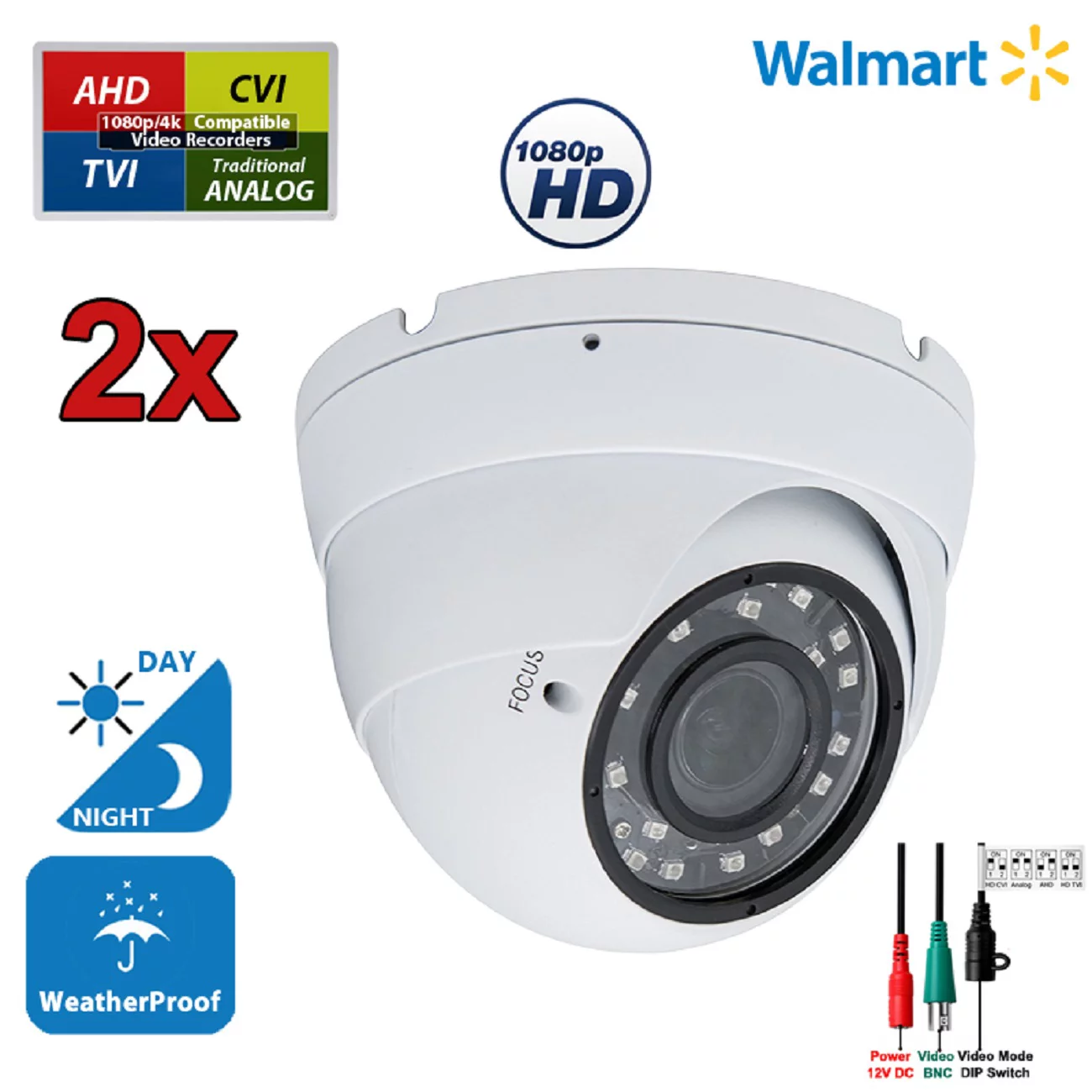 Evertech (2 Pack) 1080p AHD TVI CVI Analog Day Night Vision Outdoor Indoor Manual Zoom Security Dome Cameras