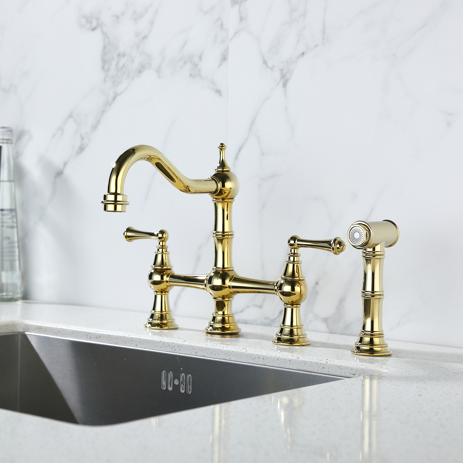 YLtoohoom Bridge Dual Handles Kitchen Faucet With Pull-Out Side Spray in