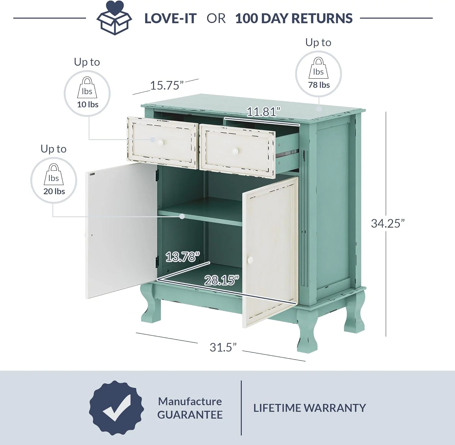 Rustic 32 Inch Wood Entryway Sideboard Cabinet, Antique Farmhouse Vintage Traditional Accent Storage Chest, Two Living Room Decor - Abbey (Sea Foam Green)