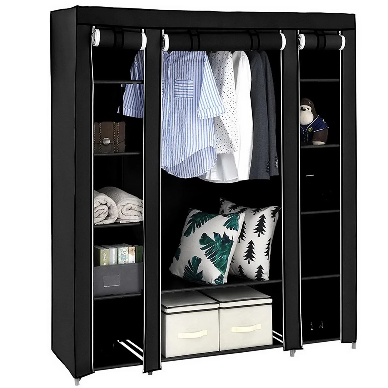 69 Portable Clothes Closet Wardrobe Storage Organizer with Non-Woven Fabric Quick and Easy to Assemble Extra Strong and Durable Black