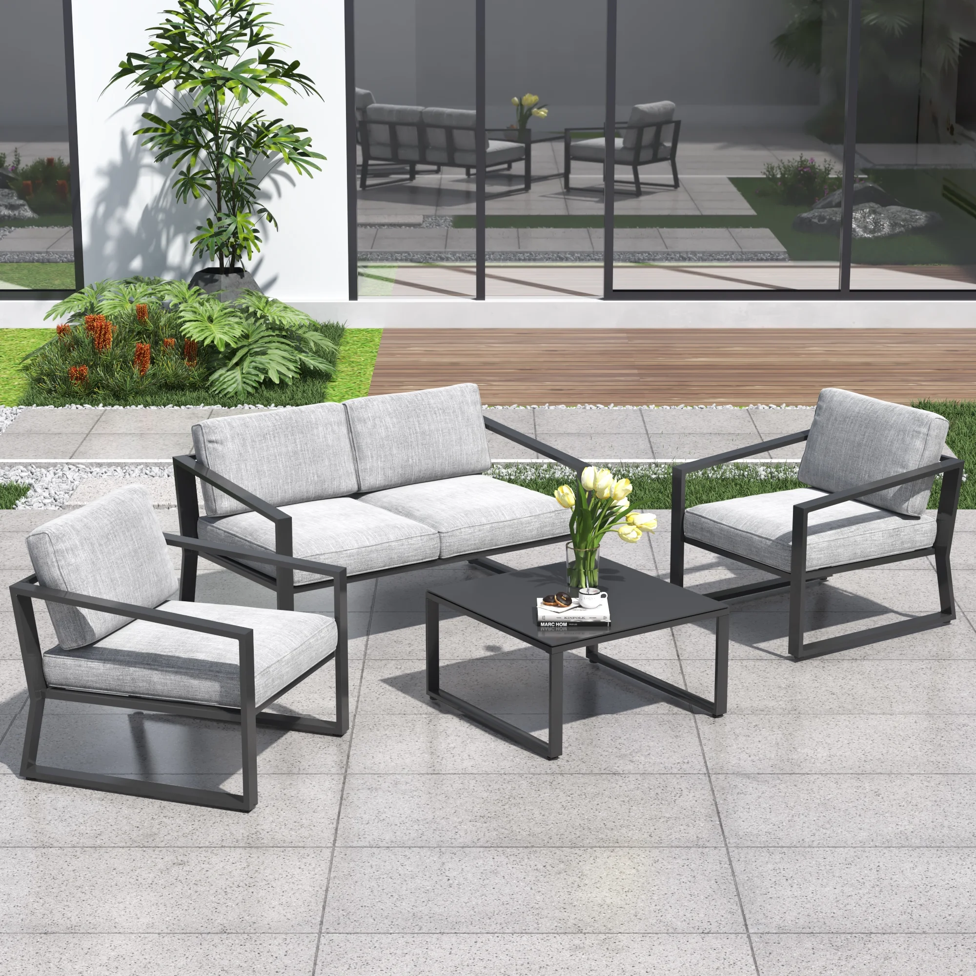 Prime Garden Outdoor Aluminum Furniture Set - 4 Pieces Modern Patio Conversation Sets Metal Sectional Sofa with Coffee Table,Black
