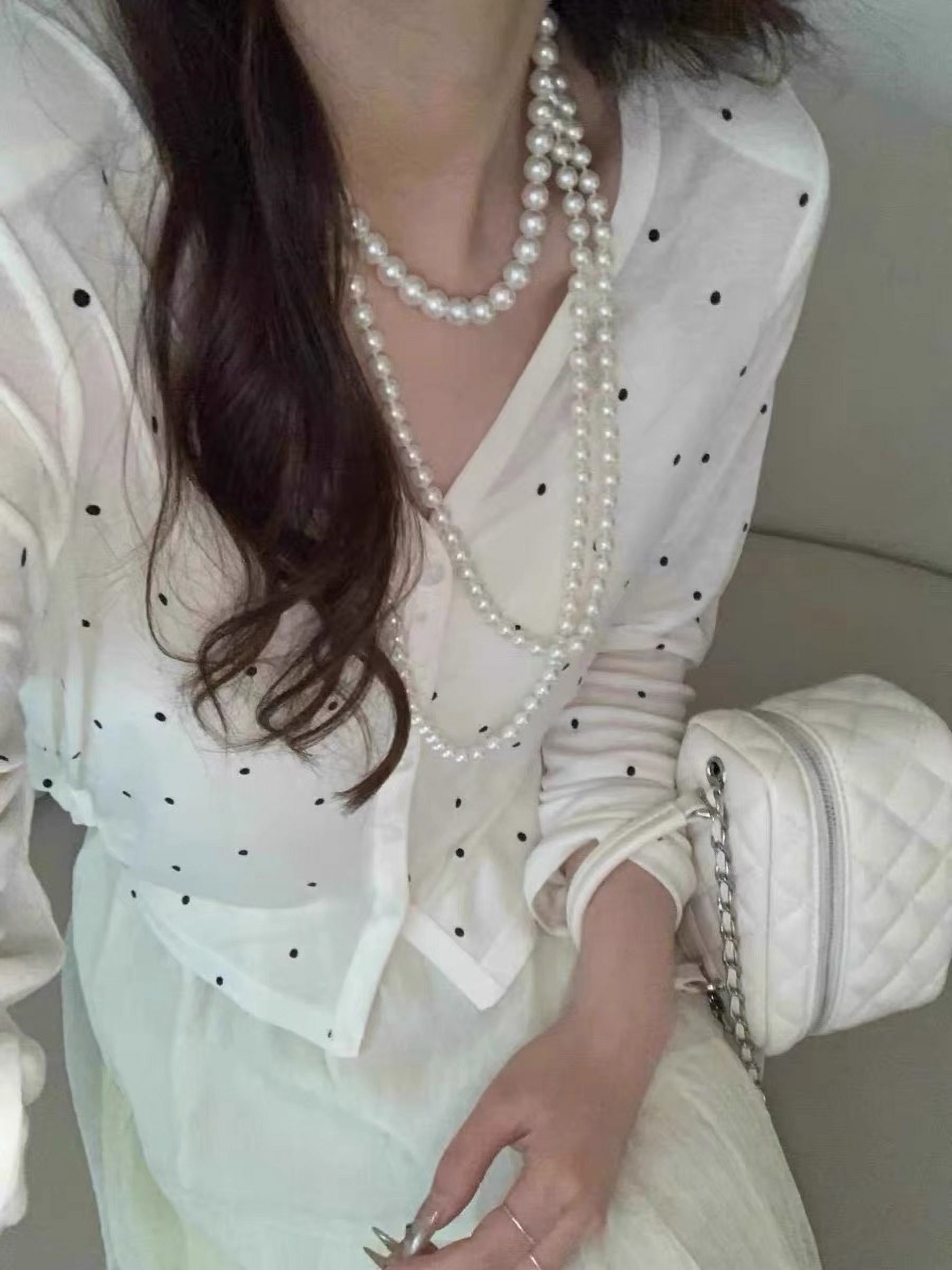 Fine Wool With Shoulder -Shoulder V -Neck Wave Dot Long -Sleeved T -Shirt Women'S Small Shirt Top French Thin Cardigan Bottoming Shirt Spring Spring Creamy-White L