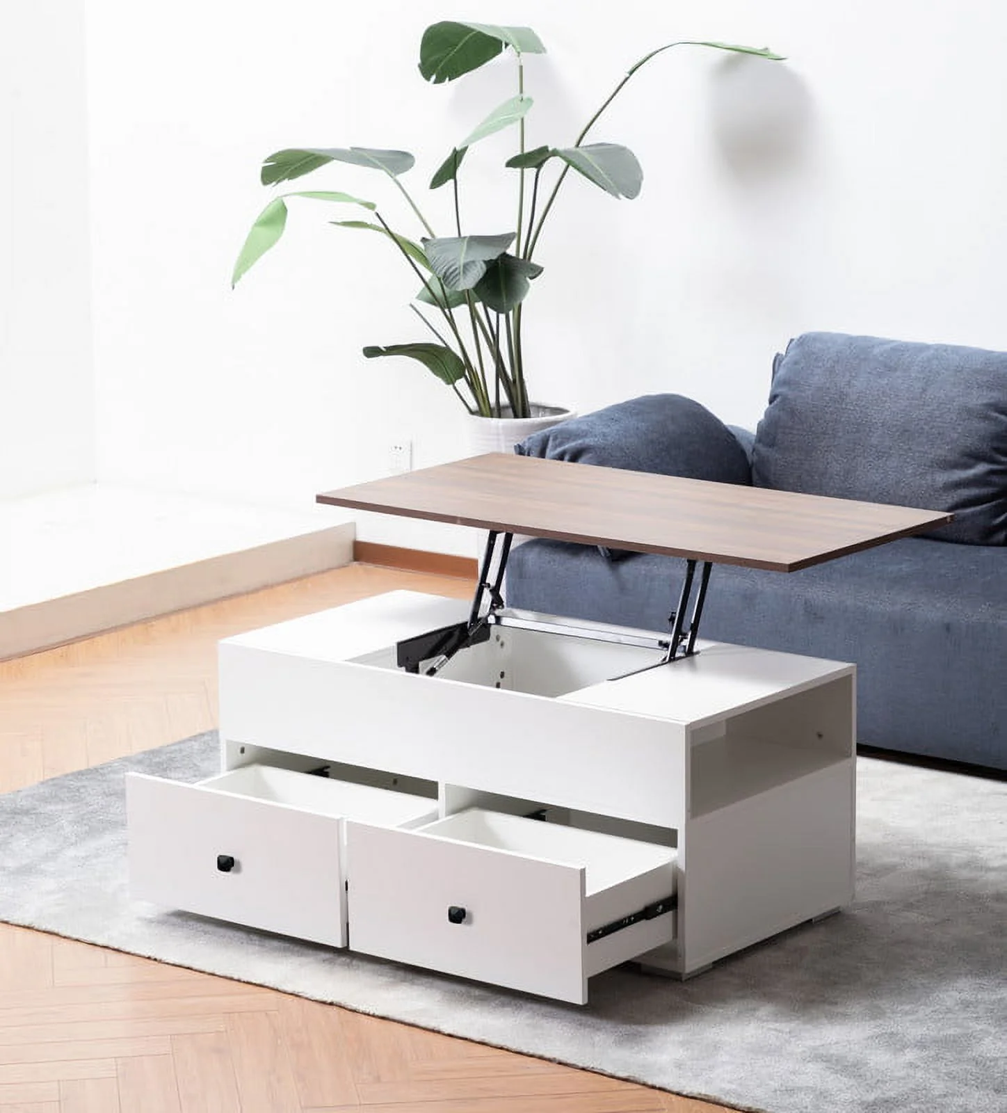 Luna White Coffee Table with Brown Walnut Finish Lift Top, 2 Drawers, and 2 Shelves