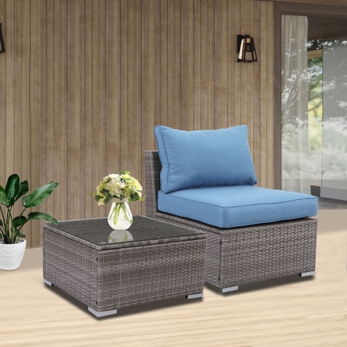 Buumin 2 Pieces Patio Armless Blue Brown Single Rattan Wicker Sofa Couches Furniture With End Side Table Outdoor