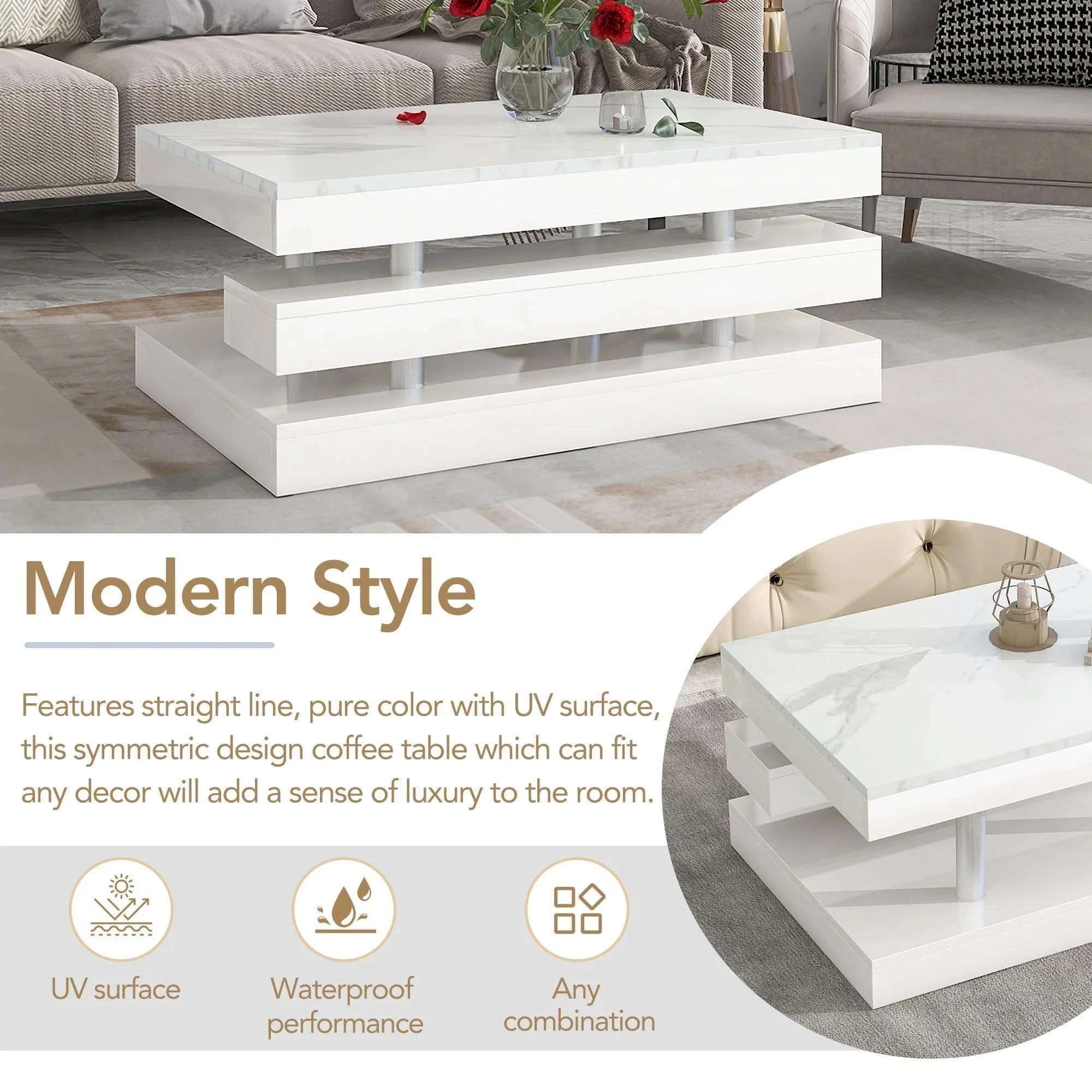 Supfirm Modern 2-Tier Coffee Table with Silver Metal Legs, Rectangle Cocktail Table with High-gloss UV Surface, Minimalist Design Center Table for Living Room, White