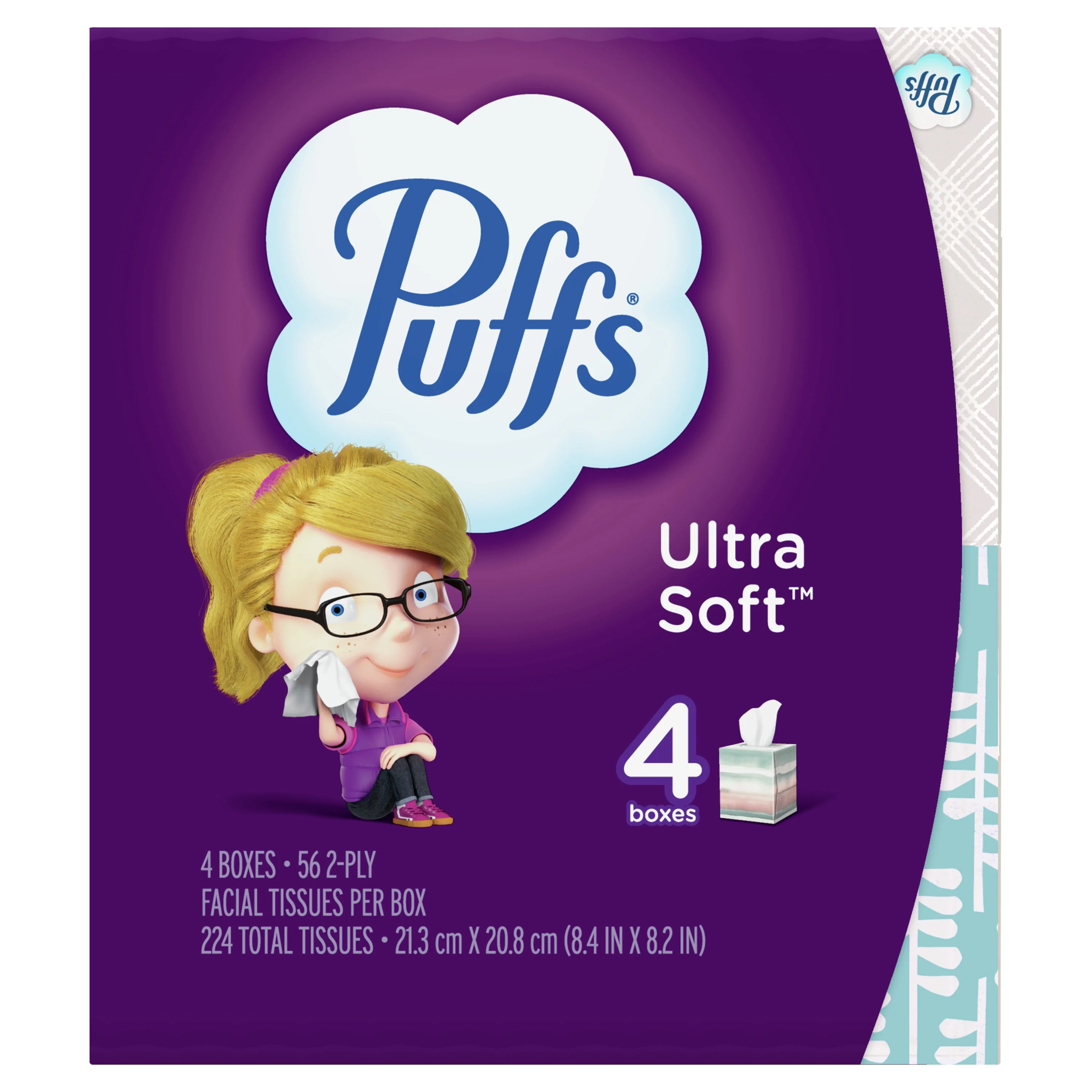 Puffs Ultra Soft Facial Tissues, Cube, 56 Facial Tissues Per Box, 4 Count
