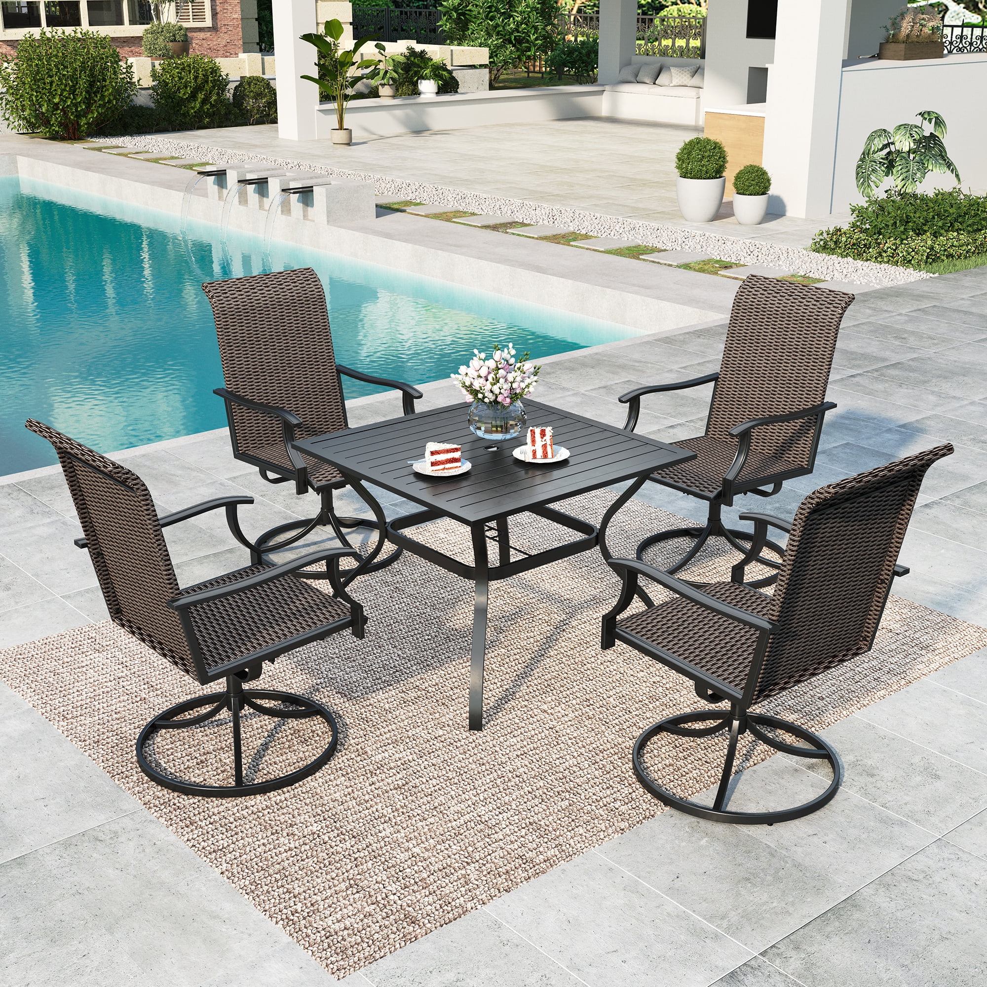 MF Studio 5-Piece Outdoor Patio Dining Set with 5 Rattan Swivel Chairs & 1 Metal Steel Table with Umbrella Hole, Black & Brown