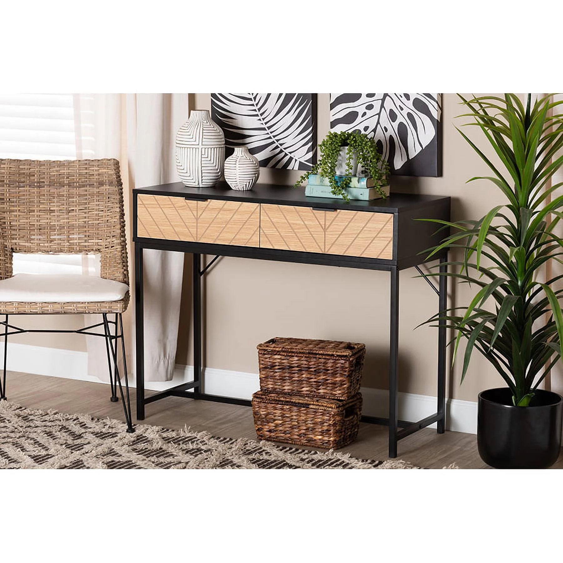 Baxton Studio Jacinth Modern Industrial Two-Tone Black and Natural Brown Finished Wood and Black Metal 2-Drawer Console