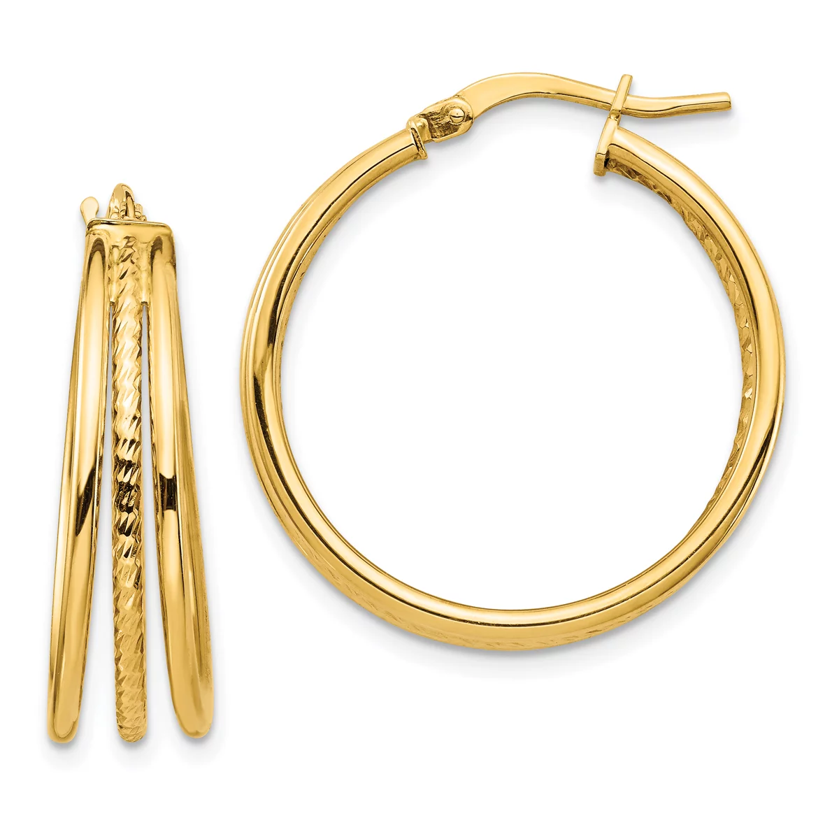 Primal Gold 14 Karat Yellow Gold Polished and Textured Medium 3 Hoop Earrings