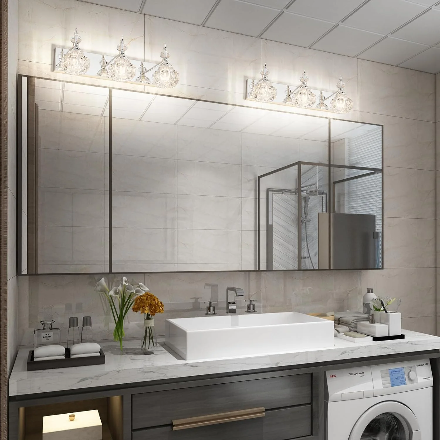 KUANGHENG Modern Bathroom Vanity Lighting Fixtures 3-Lights Industrial Stainless Steel Chrome Finish with Crystal Glass Vanity Lights Farmhouse Bath Lighting(Exclude Bulb)