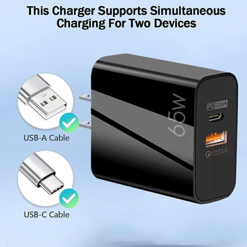 for Samsung Galaxy A13 5G - 65W USB C Wall Charger, 2 Ports GaN PD PPS Super Fast Charger with 6 Feet USB C Cable - Black