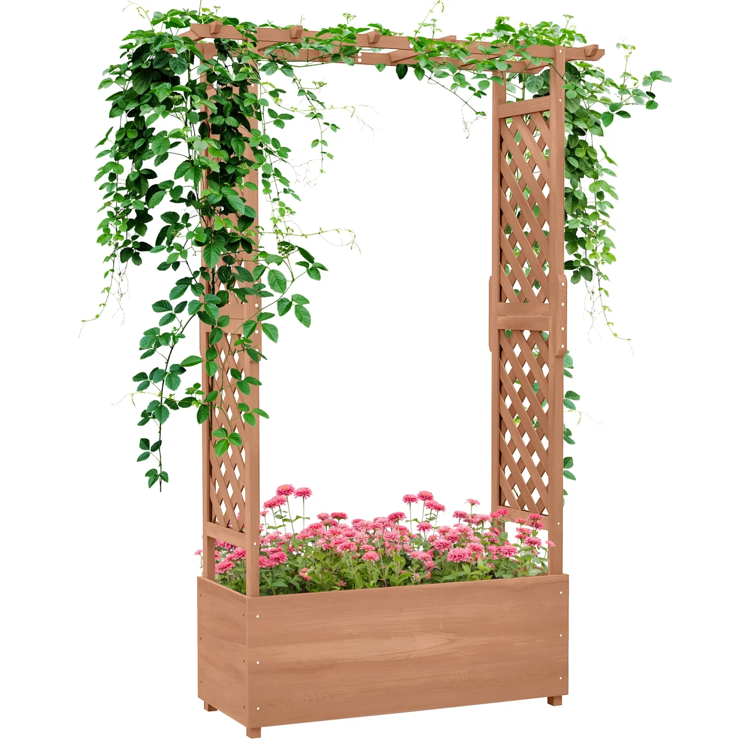 ZJbiubiuHome Raised Garden Bed with Arch Trellis for Vine Climbing Plants  Hanging Flowers  70.75” Tall Outdoor Wood Planter Box with Drainage Hole & Fabric Filter for Backyard  Patio  Br