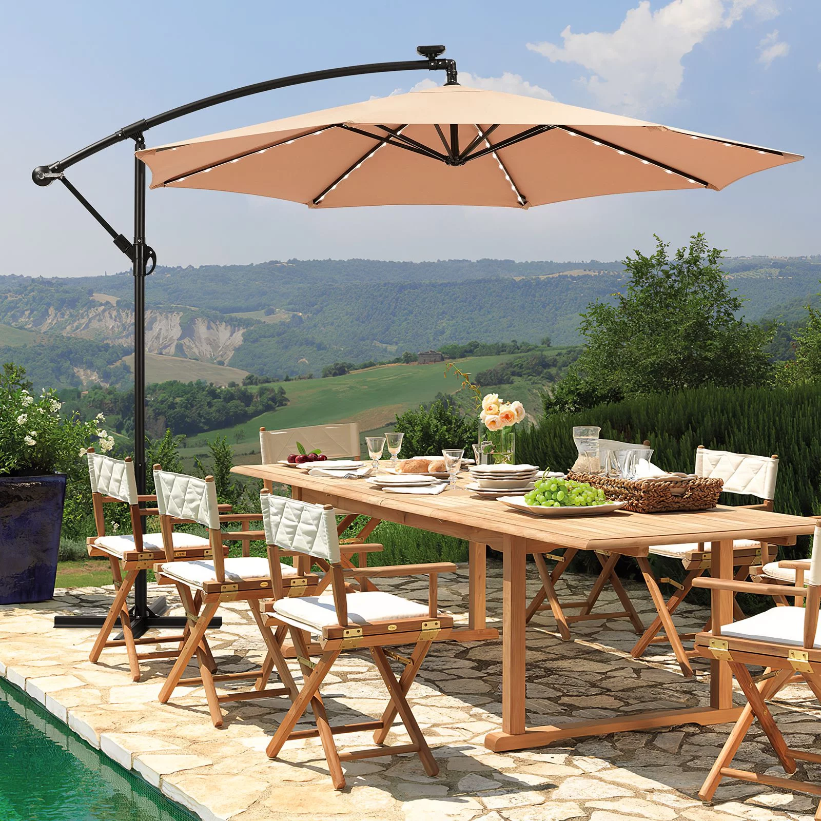 Hommow 13' x 13' Square Steel Patio Umbrella with Button Click, Outdoor Umbrella for Garden and Parties, Beige