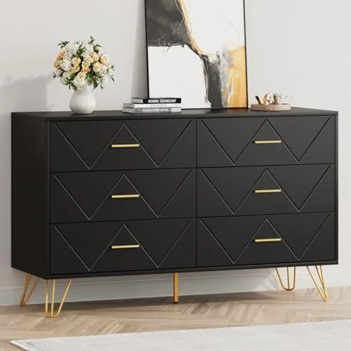 HOOMHIBIU White Dresser with 6 Drawer for Bedroom  Modern White Dresser with Golden Legs & Handles  Wooden Chest of Drawer  Double Dresser for Living Room  Hallway  Nursery