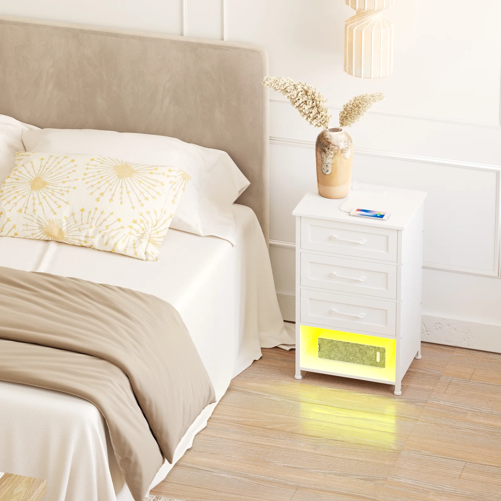 Night Stand Set 2, with Charging Station and LED Light Strip, End Tables Living Room, White Nightstand Set of 2 with 3 Wood Drawers for Bedroom HNS053WT