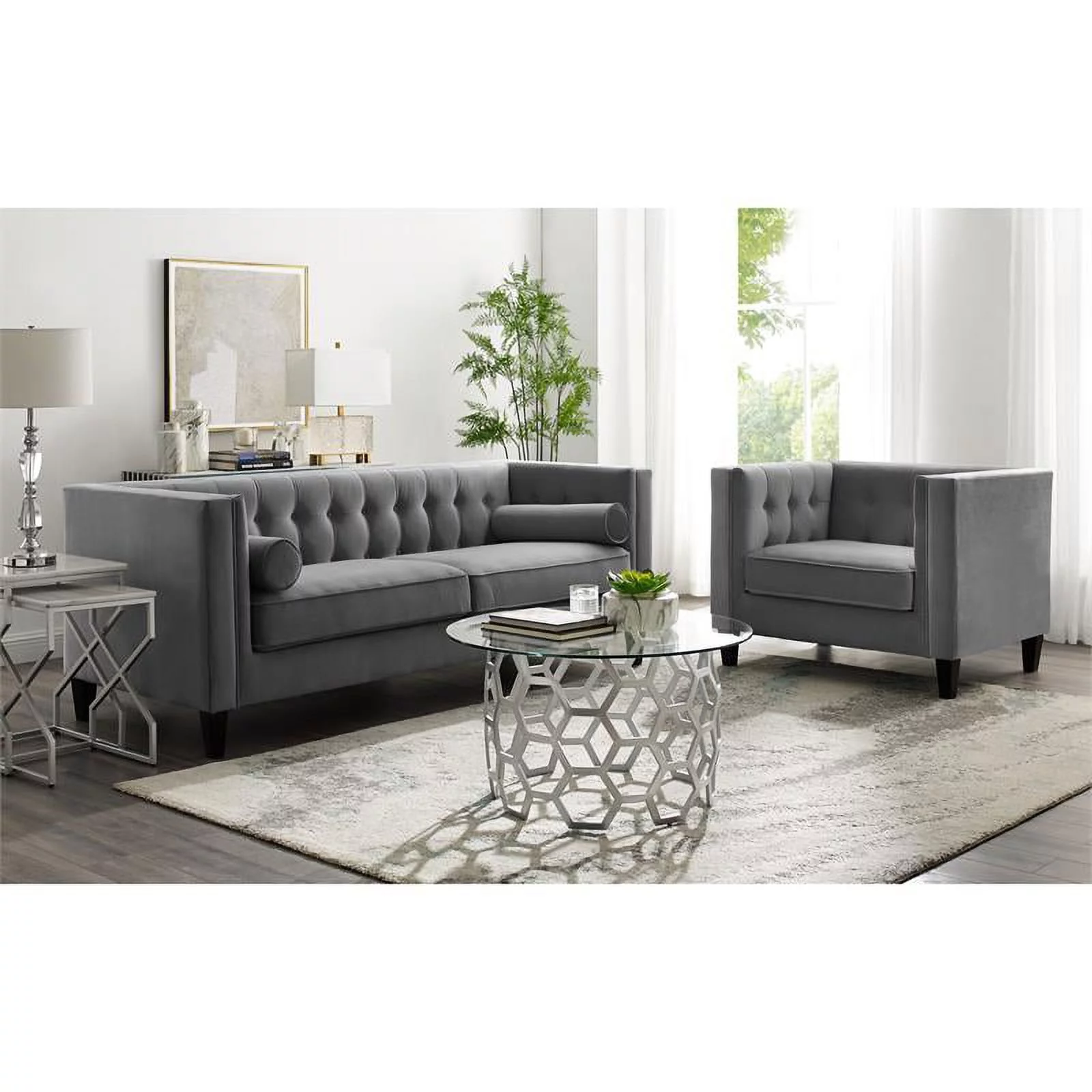 Bowery Hill Round Glass Top Coffee Table in Silver