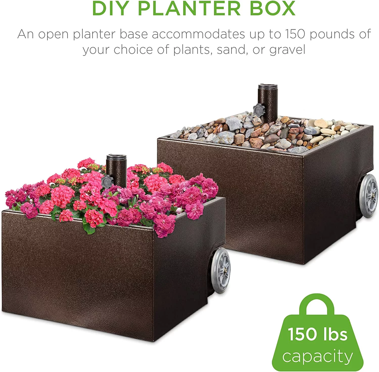 150lb Capacity Portable Steel Umbrella Base Stand for Outdoor, Patio, Garden, Market w/Fillable Planter, Drainage, 2 Adjustment Knobs, Handle, Wheels