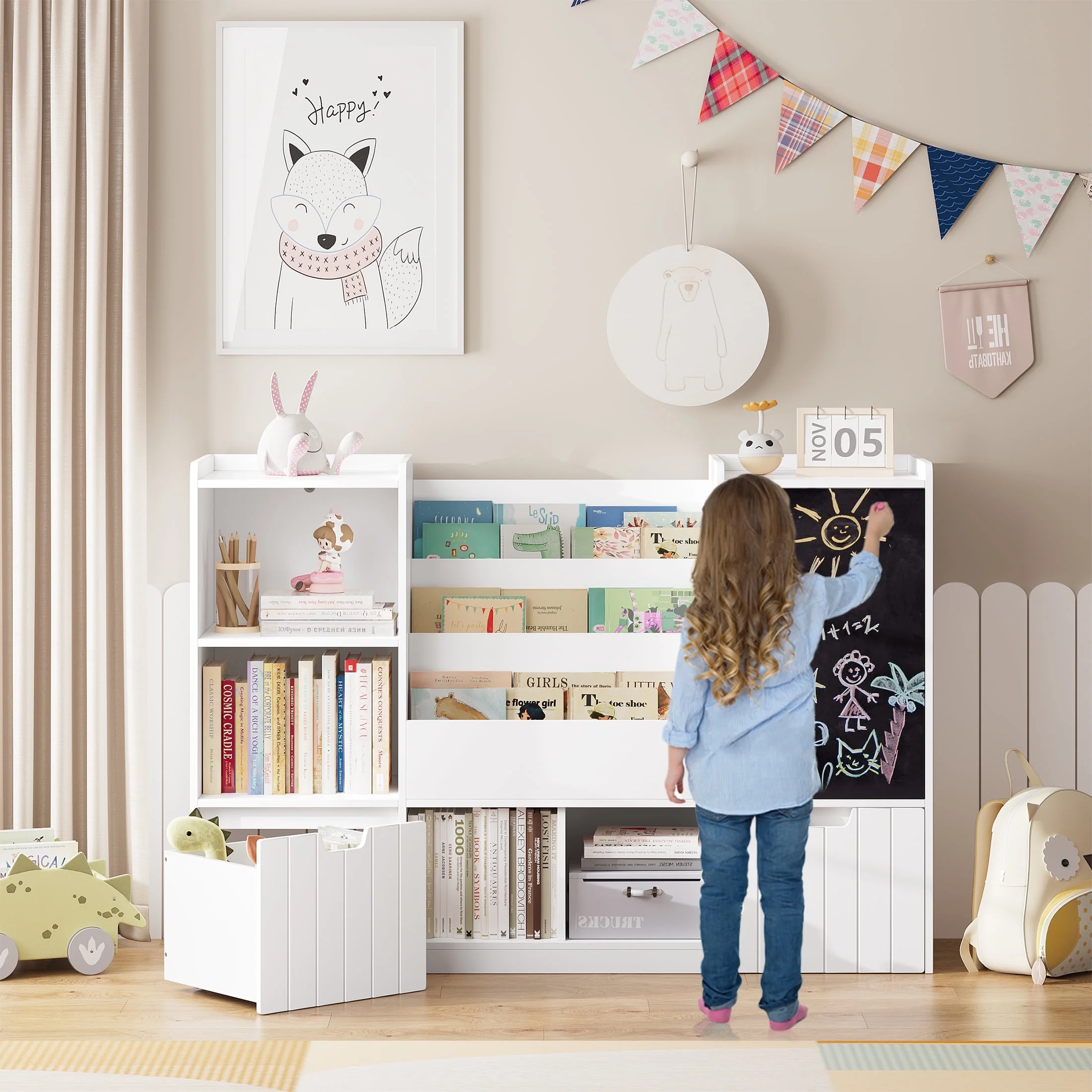 Homfa Kids Bookshelf with Blackboard, Nursery Bookcase with 4 Cubby, 3 Tier Book Rack with 2 Wood Toy Bin for Kids Room, White