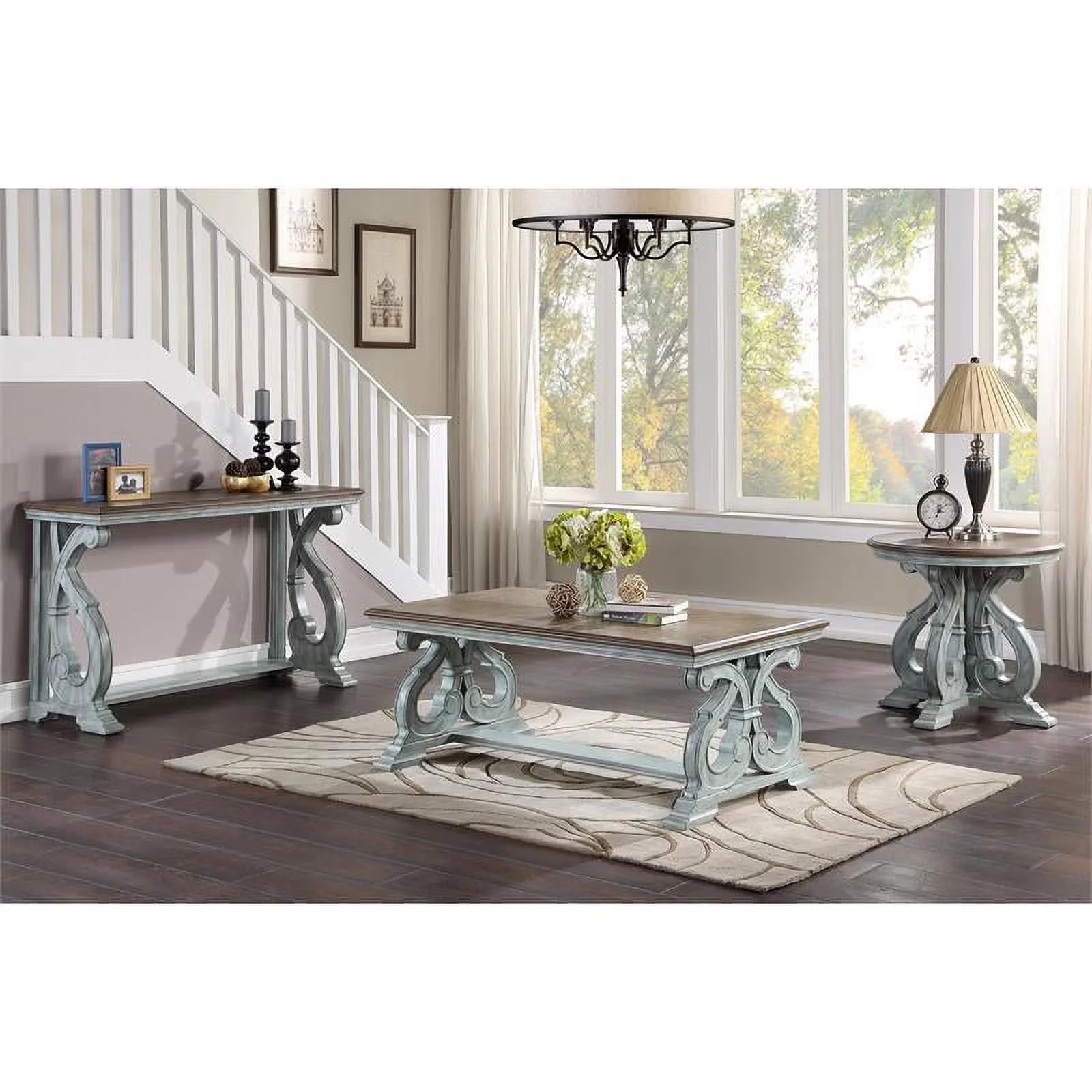 Furniture of America Adelman Solid Wood Console Table in Oak and Antique Blue