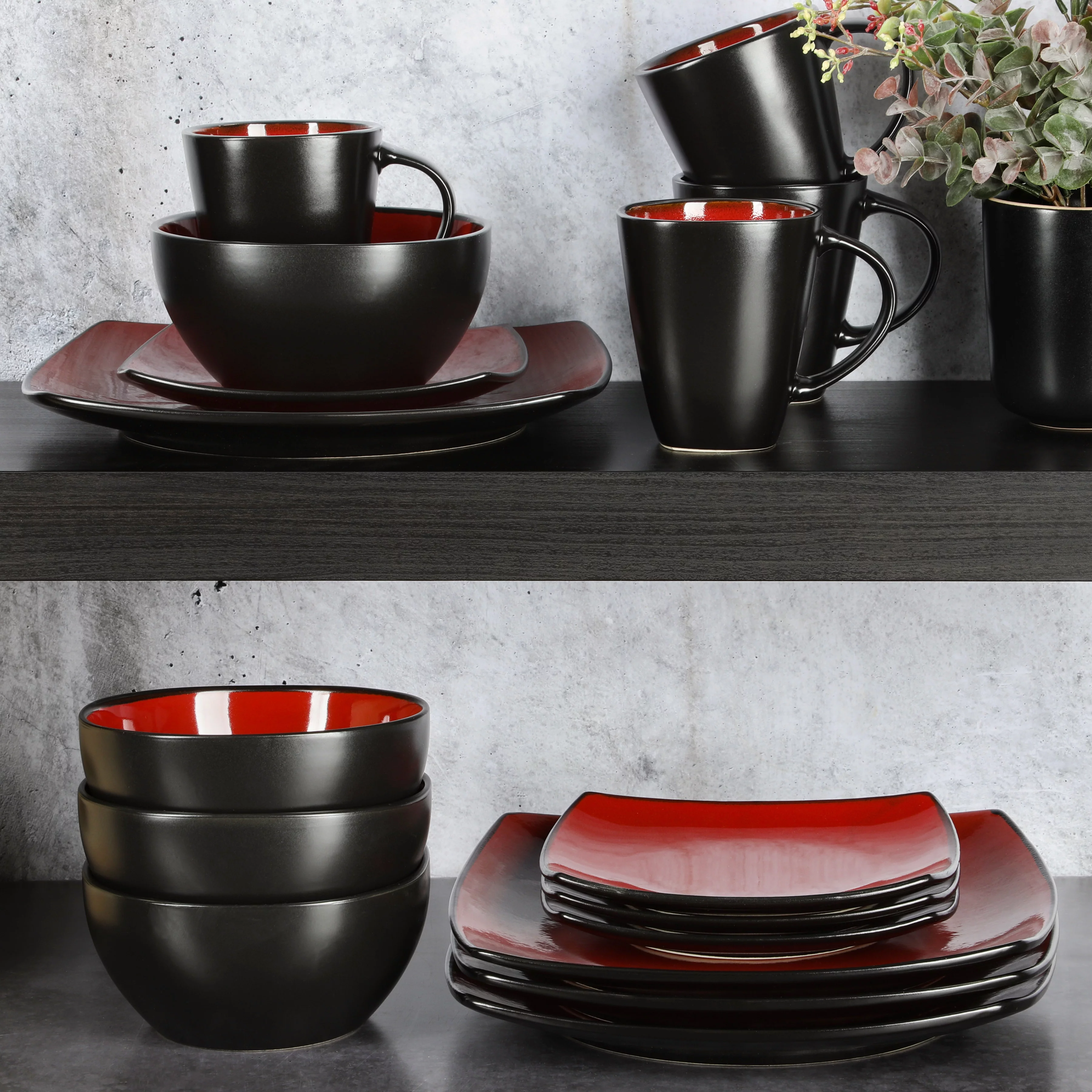 Gibson Soho Lounge Square 16-Piece Dinnerware Set - Red
