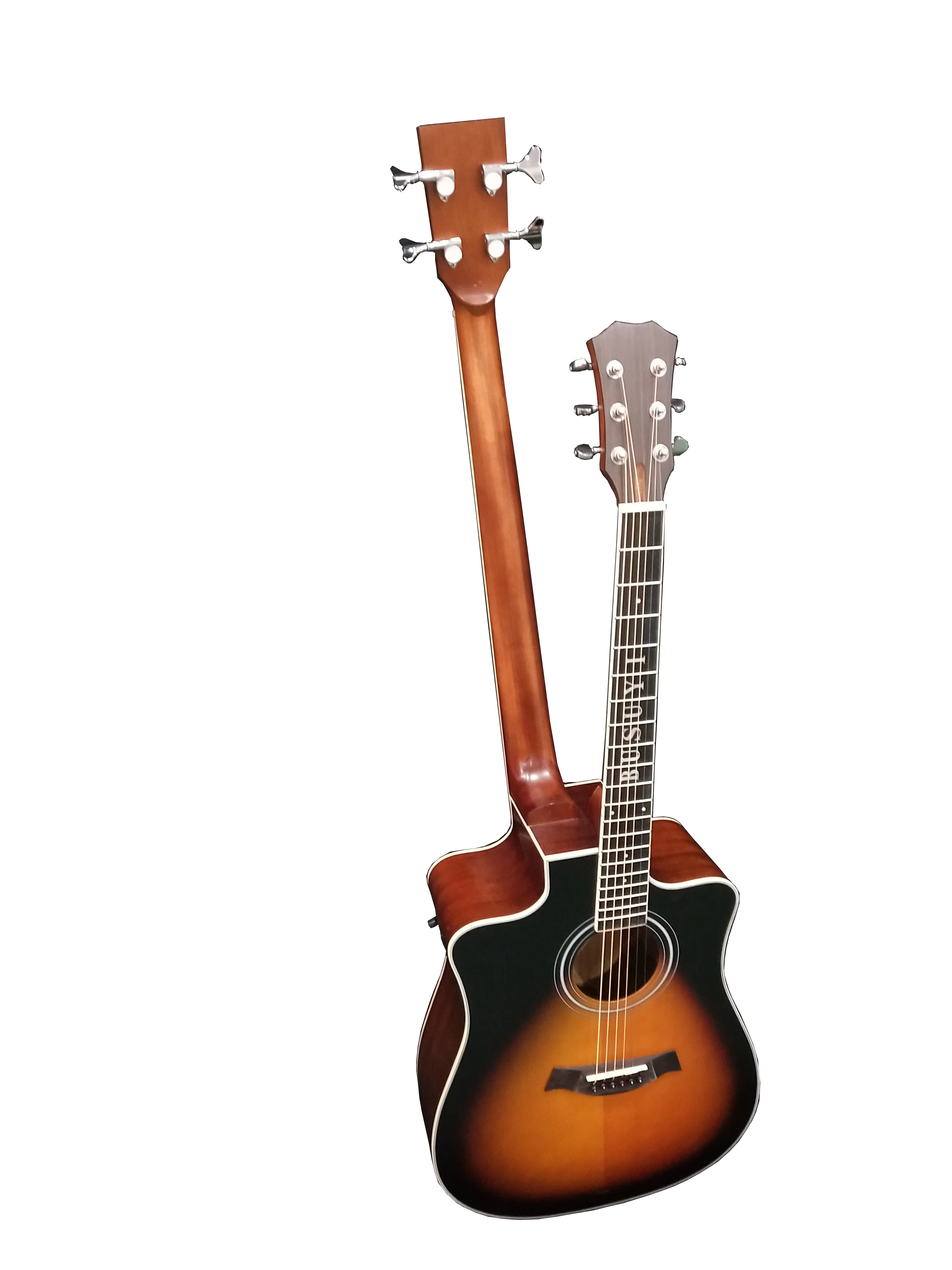 Busuyi Acoustic Electric Guitar 4 String Bass 6 String Lead, Travel Acoustic Guitar with Classical Metal Heel  Double Neck Guitar (Sunset)  All Levels + Drums