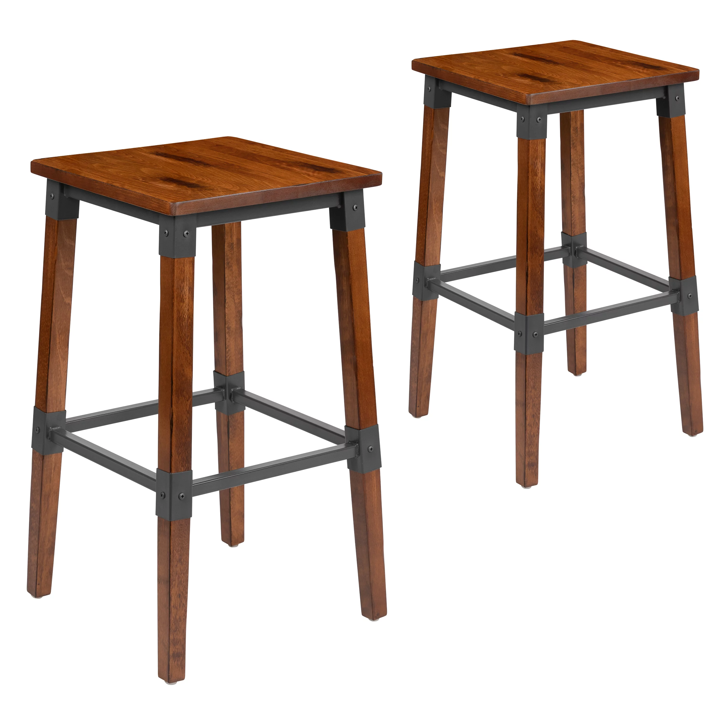 Flash Furniture Jackson 2 Pack Rustic Antique Walnut Industrial Wood Dining Backless Barstool