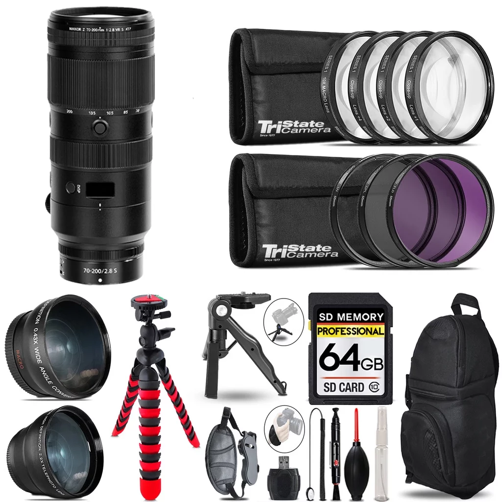 Nikon NIKKOR Z 70-200mm f/2.8 VR S Lens - 3 Lens Kit + Tripod + Backpack - 64GB Accessory Bundle