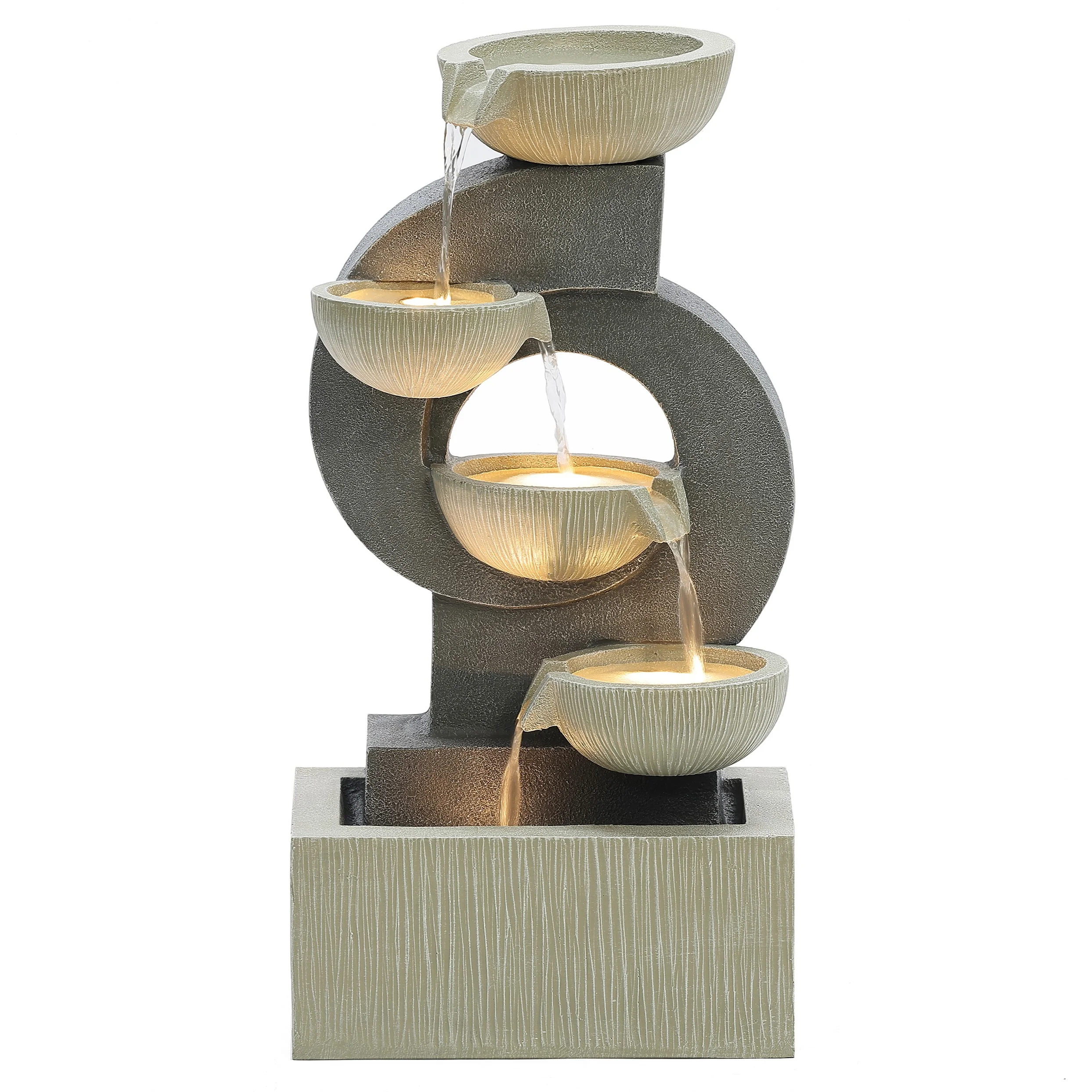 LuxenHome Gray Curves and Cascading Bowls Resin Outdoor Fountain with LED Lights