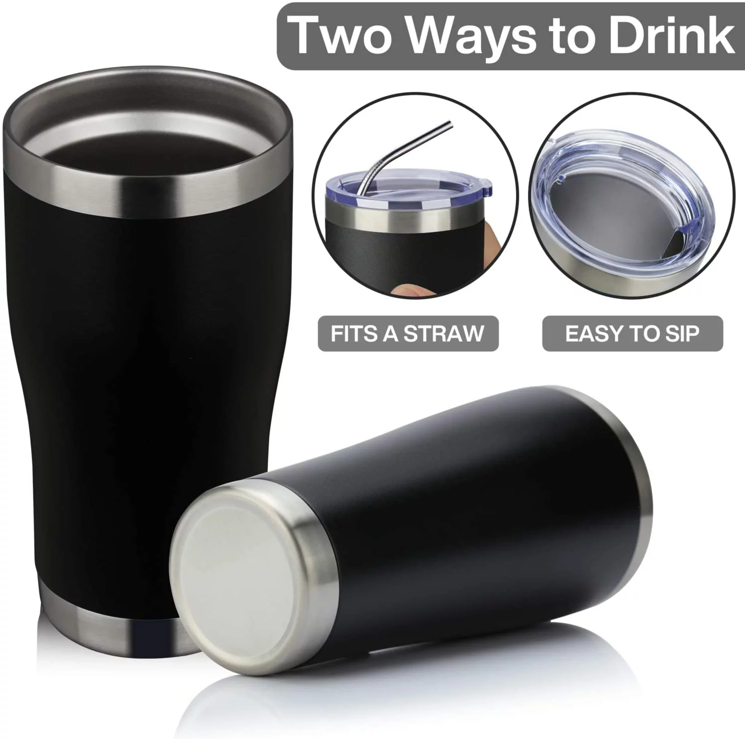 MEWAY 20oz Stainless Steel Tumblers 4 Pack Bulk,Vacuum Insulated Coffee Cup with Lid,Double Wall Powder Coated Travel Mug Gift,Thermal Cups Keep Drinks Cold & Hot(Black,Set of 4)