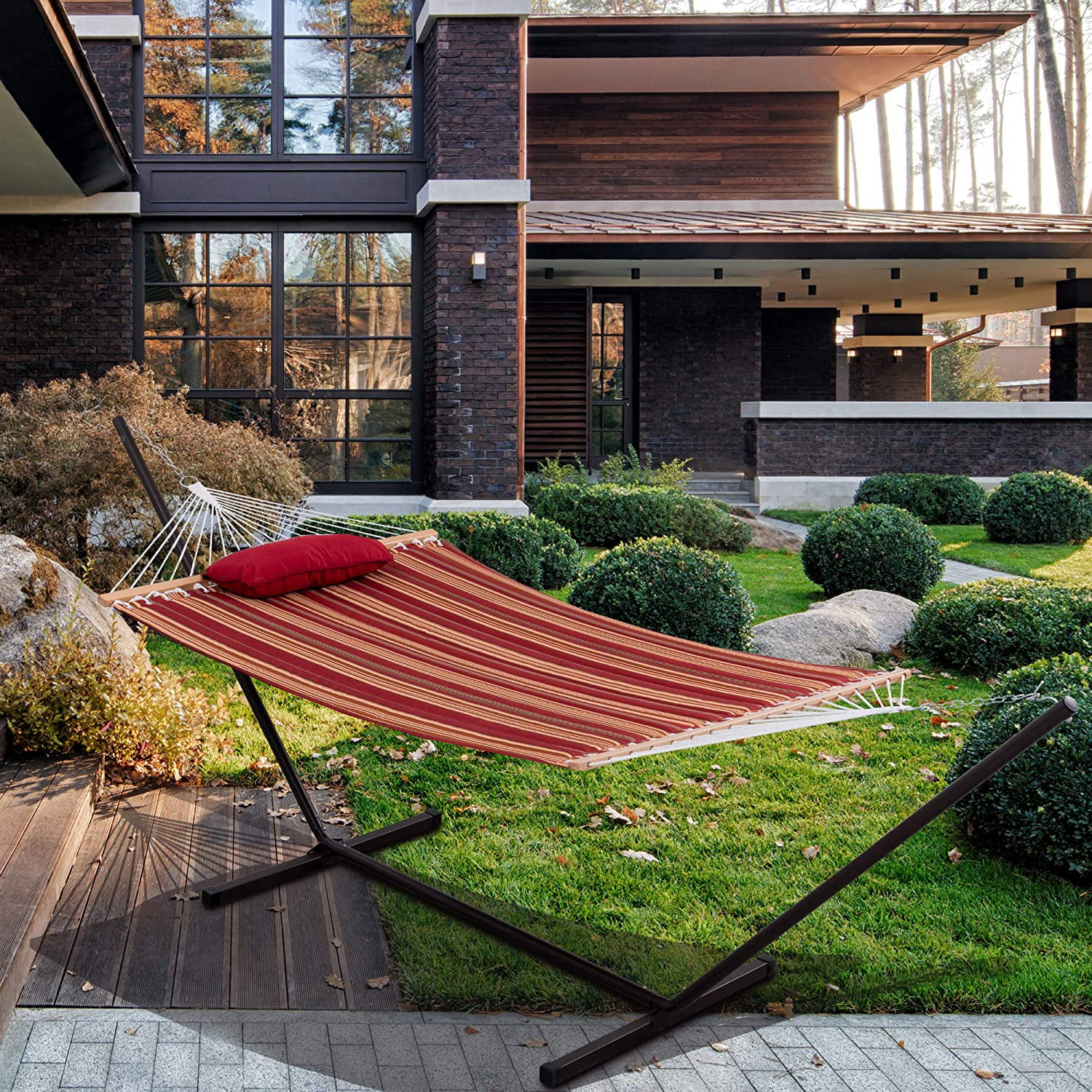 Lazy Daze Hammocks 12 Feet Steel Hammock Stand with Quilted Fabric Hammock Combo and Pillow, Red&Brown Stripe