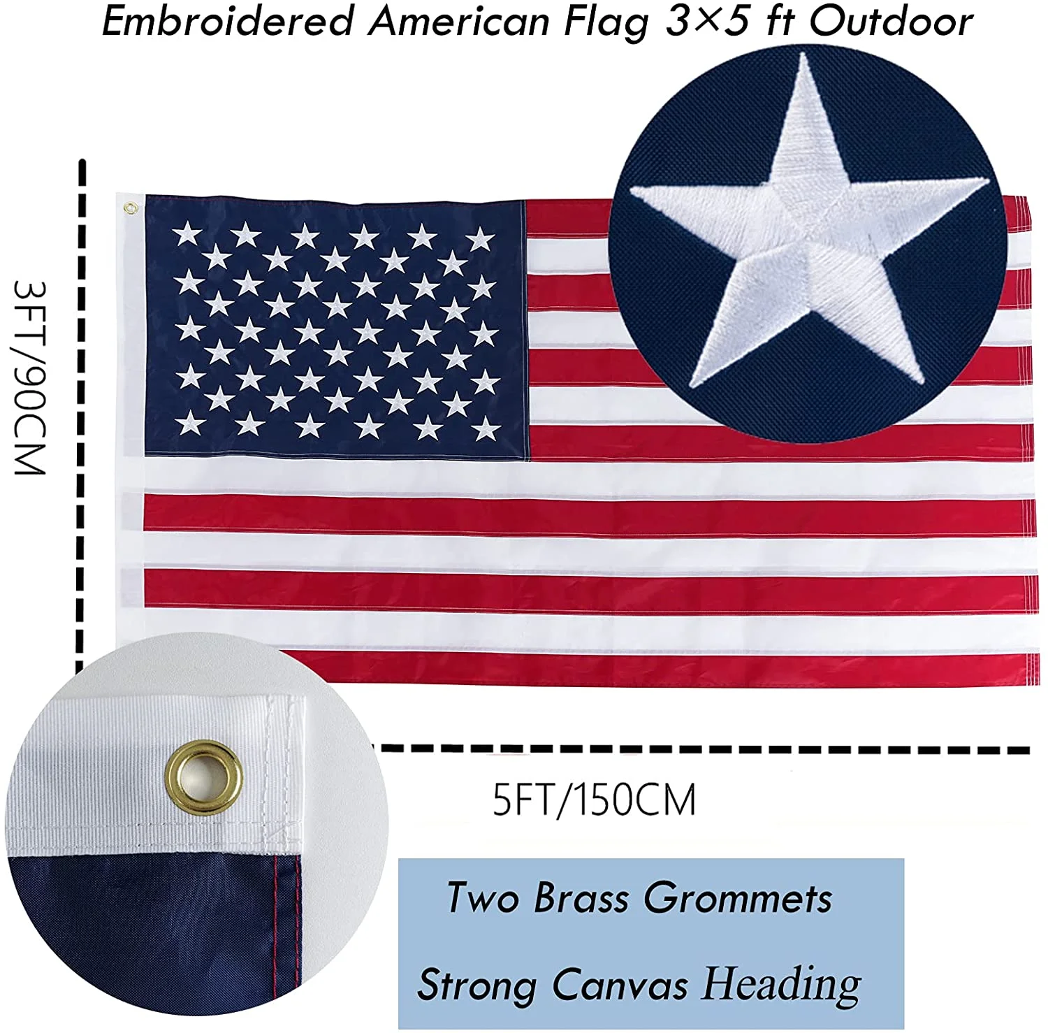 USTOPFLAGS 4x6 feet 50 Stars American Flag,Embroidered 210D Embroidered Stars,Sewn Stripes,3 Brass Grommets,Indoor/Outdoor,Vibrant Colors,Quality Polyester,US USA Flag