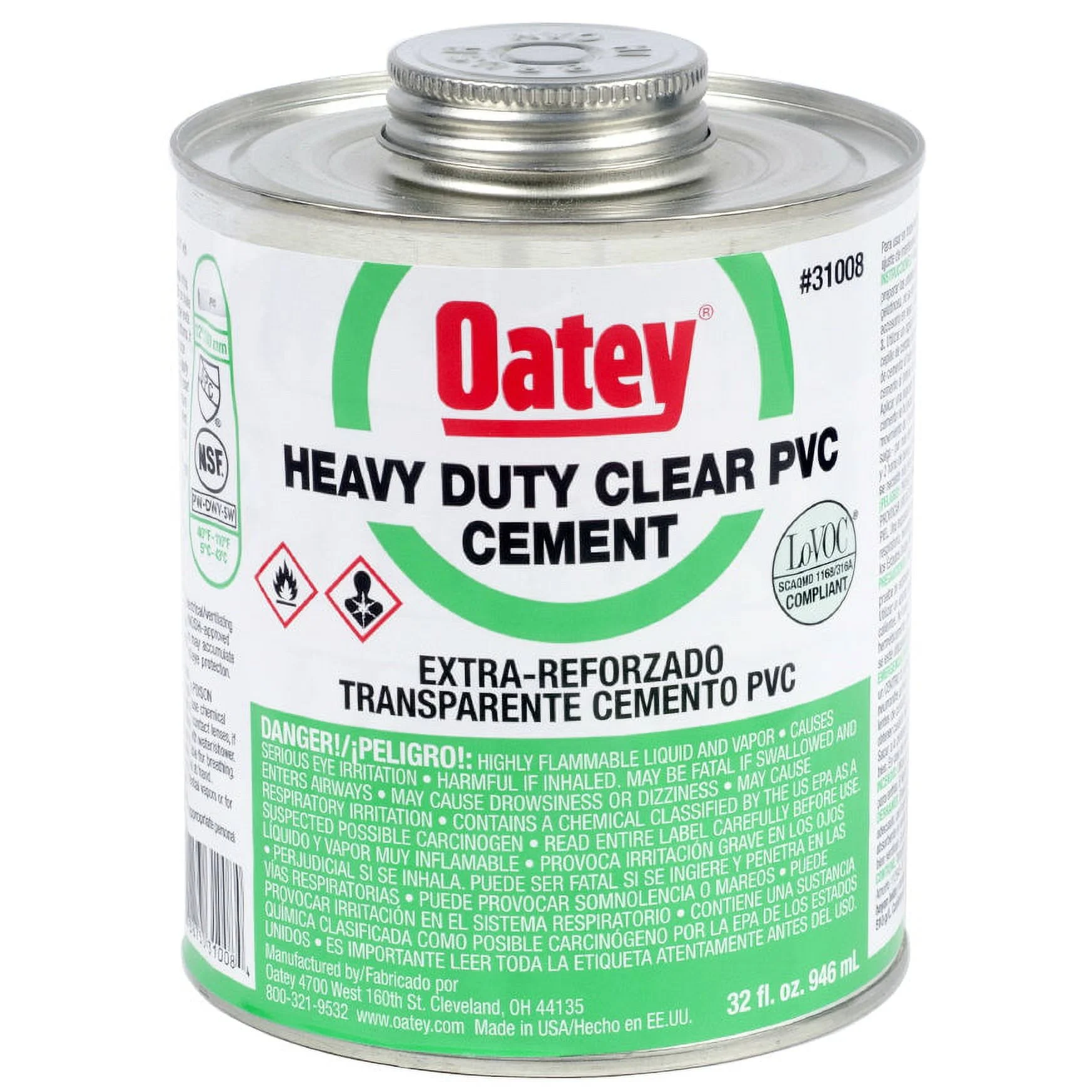 Oatey 31008 PVC Heavy Bodied Cement, 32 Oz, Clear, Each