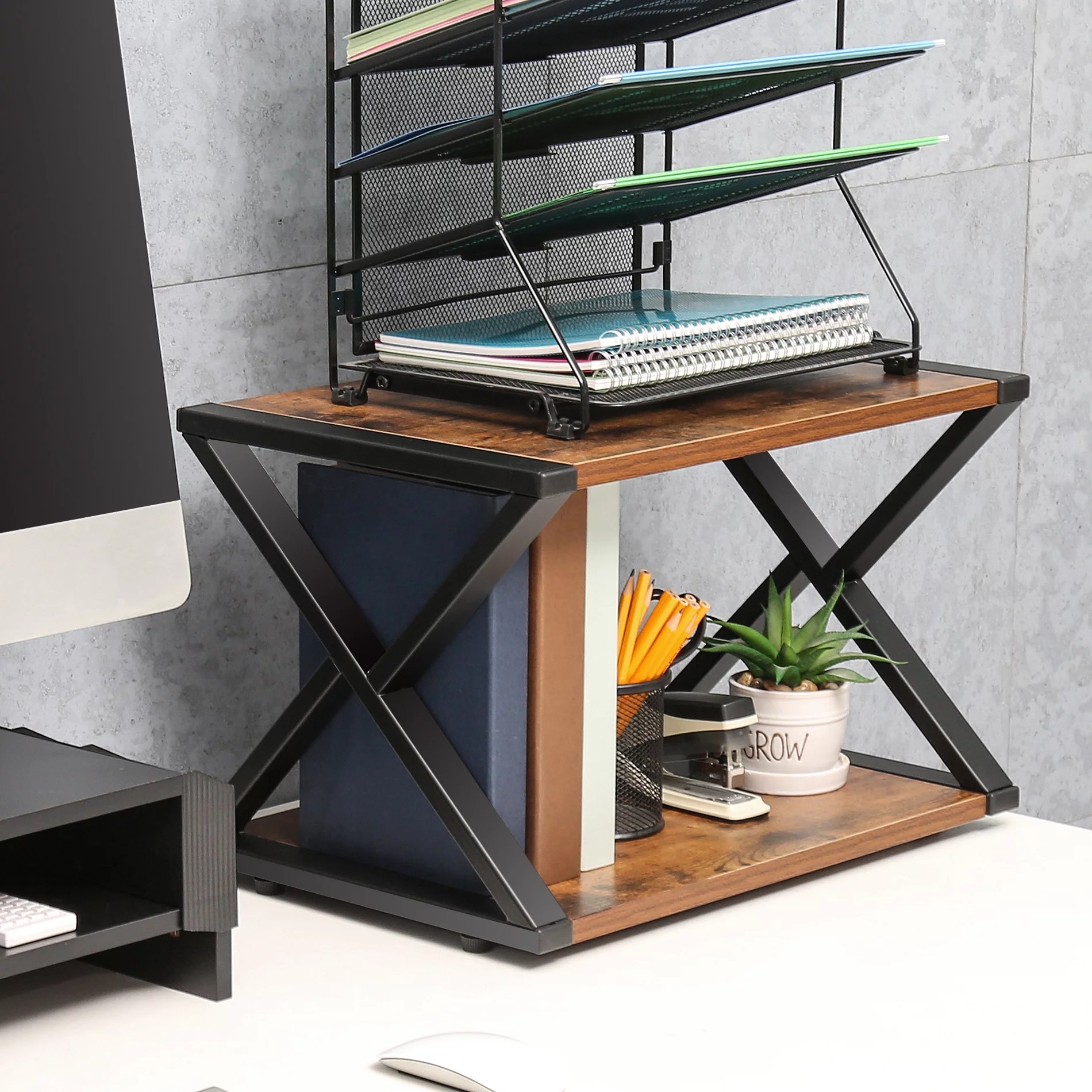 FITUEYES Desktop Printer Stand, 2 Tiers Rustic Wood Desk Organizer, Stackable Storage Book Shelf with Anti-Skid Pads Adjustable Feet