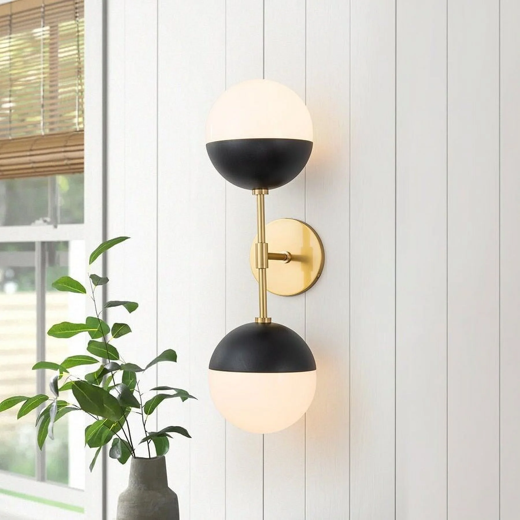 Modern Mid-century 2-Light White Opal Globe Wall Sconce Brass