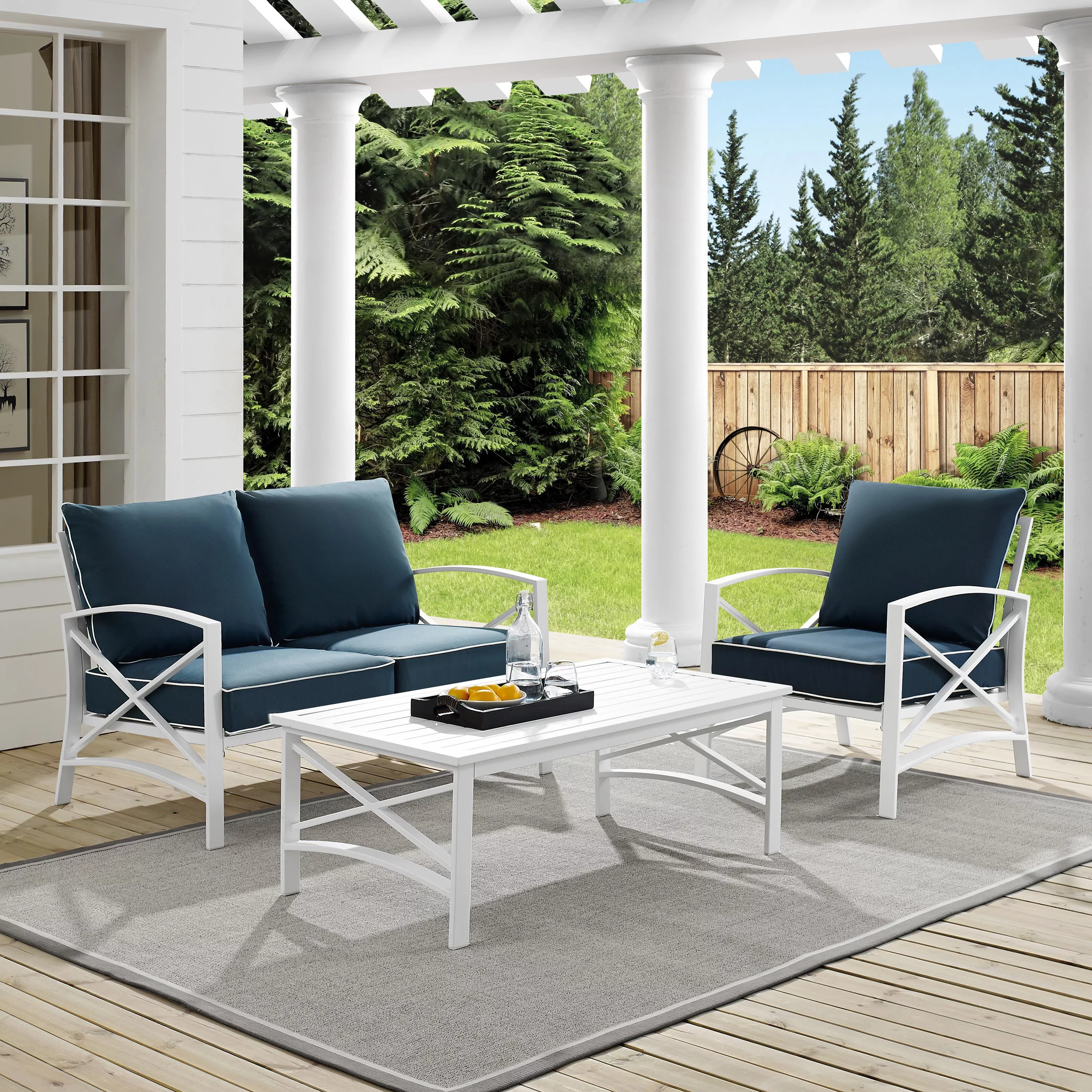 Crosley Kaplan 3 Piece Patio Sofa Set in Navy and White