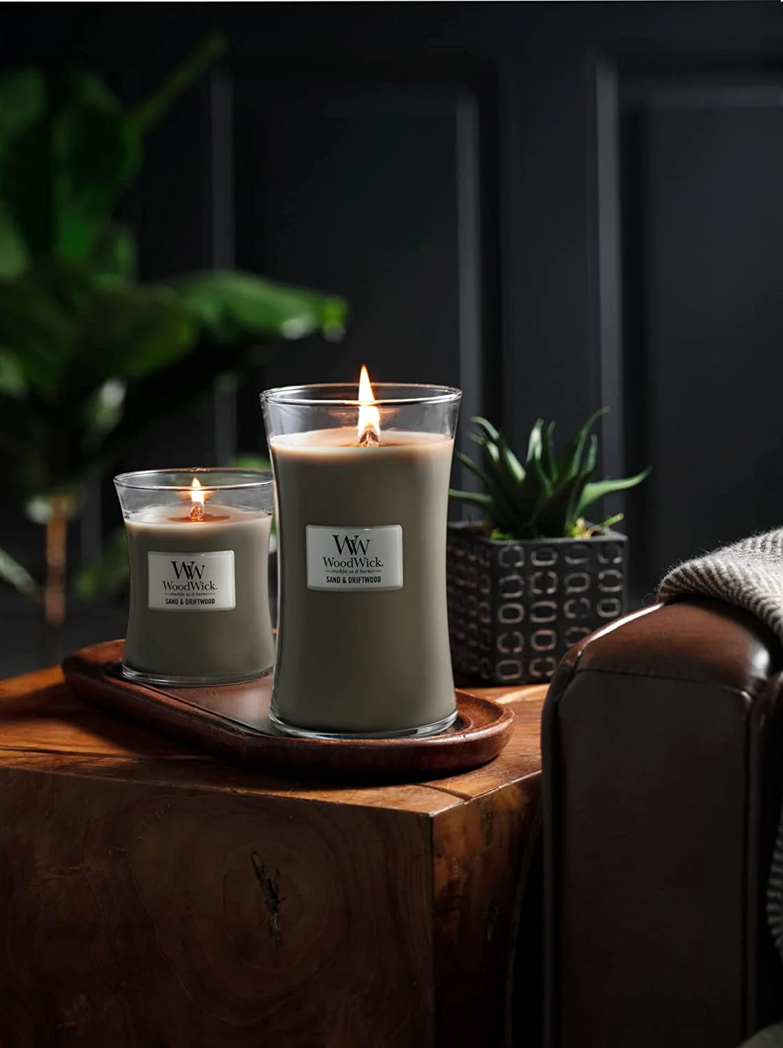 Large Hourglass Candle, Sand/Driftwood - Premium Soy Blend Wax, Pluswick Innovation Wood Wick, Made In