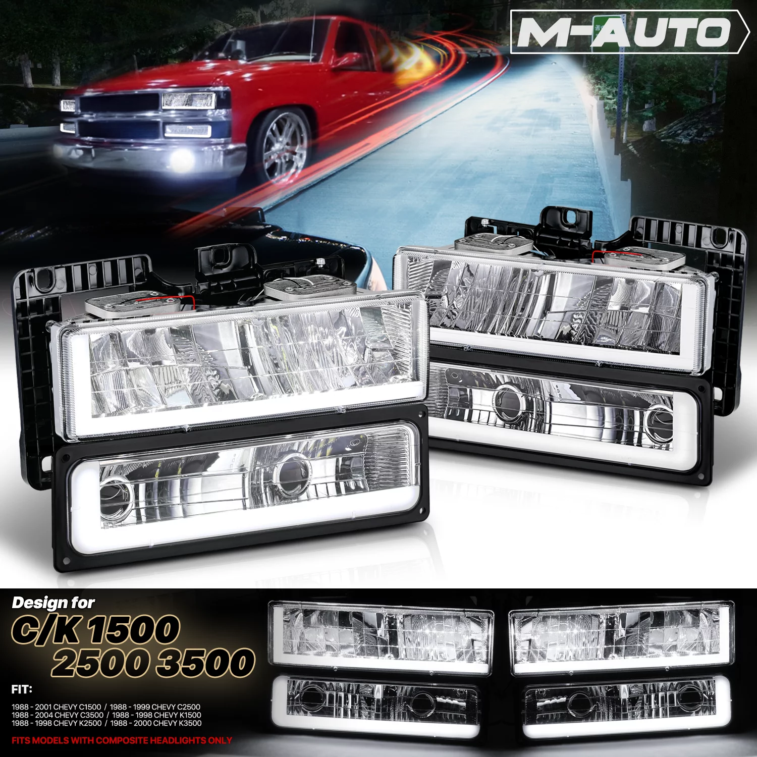 M-AUTO Switchback LED Tube DRL Headlights Assembly for 1988-1999 Chevrolet C1500/K1500, 1988-2000 Chevrolet C2500/C3500/K2500/K3500, 1992-1999 Chevrolet C1500/C2500/K1500/K2500 Suburban