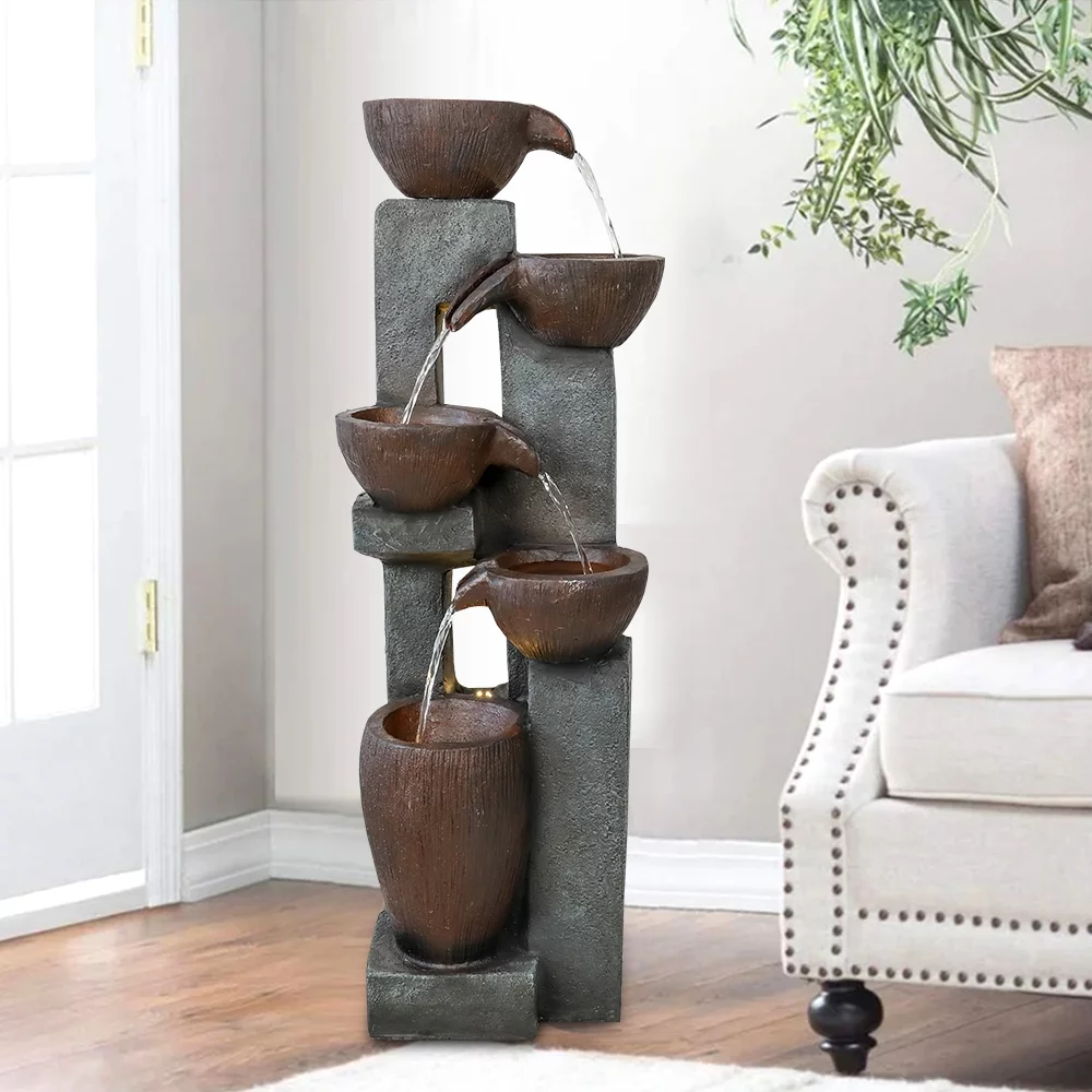 5-Tier Outdoor Water Fountain with LED Lights - 39-IInch High Garden Waterfall Fountain for Garden, Patio, Deck, Home and Office Decor